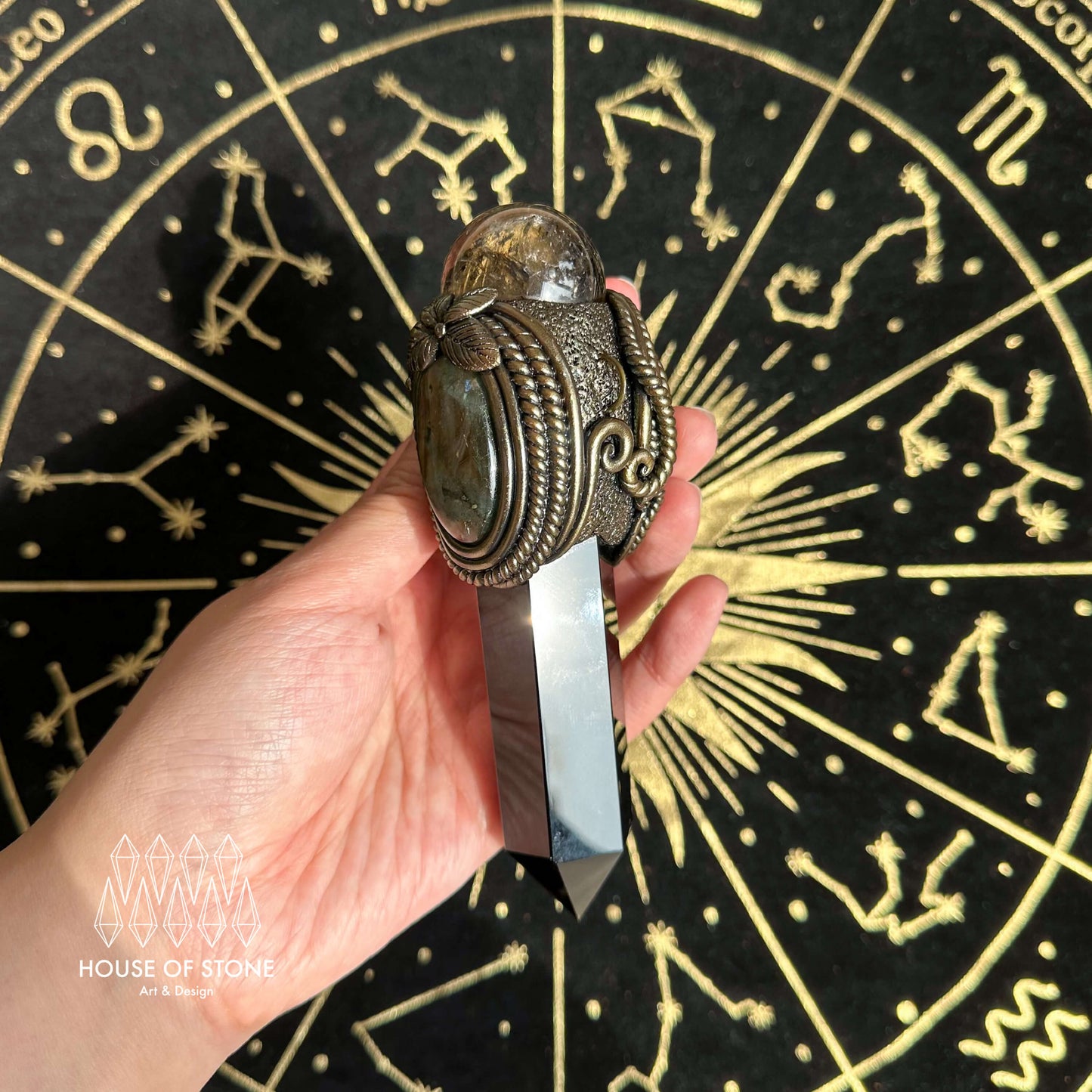 Handmade Natural Smoky Quartz Pendant Necklace/Magic Crystal Black Obsidian Pendant/Ammonite Necklace/Root Chakra/Manifest Altar Tool