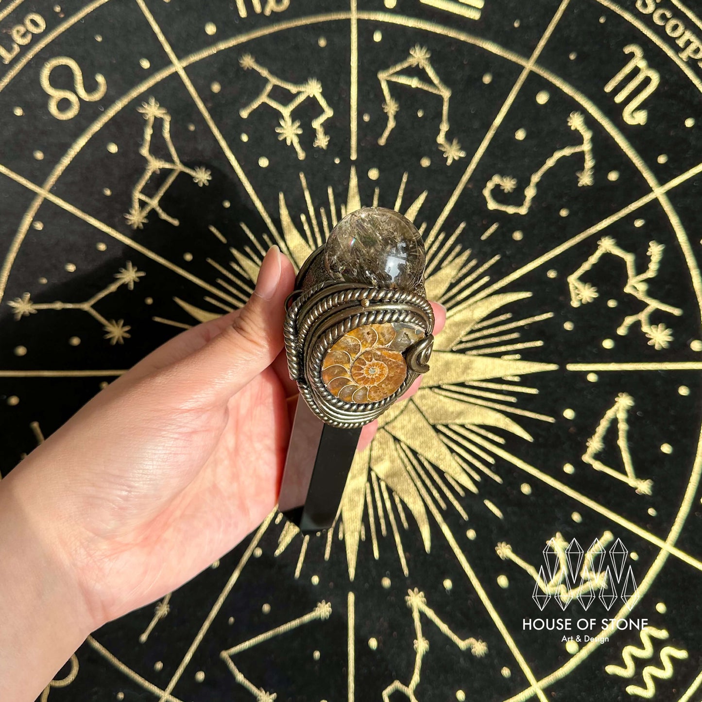 Handmade Natural Smoky Quartz Pendant Necklace/Magic Crystal Black Obsidian Pendant/Ammonite Necklace/Root Chakra/Manifest Altar Tool