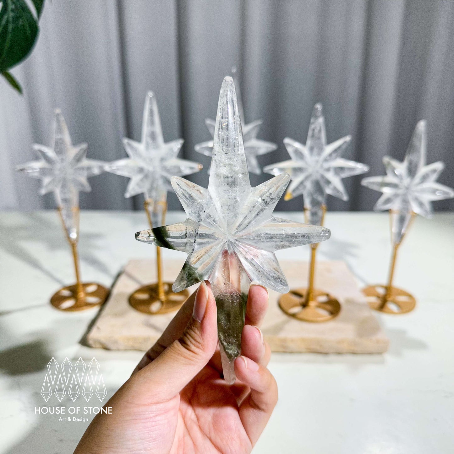 Natural Clear Quartz North Star with Stand/Large Golden Healer Crystal Celestical/Hand Carved Crystal Polar Star Carvings/Chakra Healing