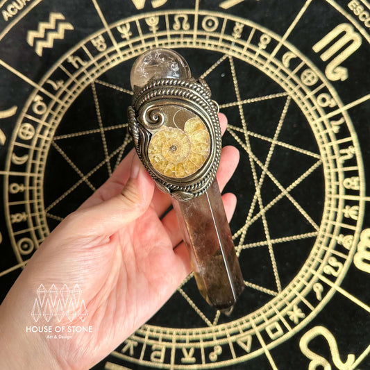 Handmade Natural Smoky Quartz Pendant Necklace/Magic Crystal Pendant/Ammonite Necklace/Talisman Jewelry/Root Chakra/Manifest Altar Tool