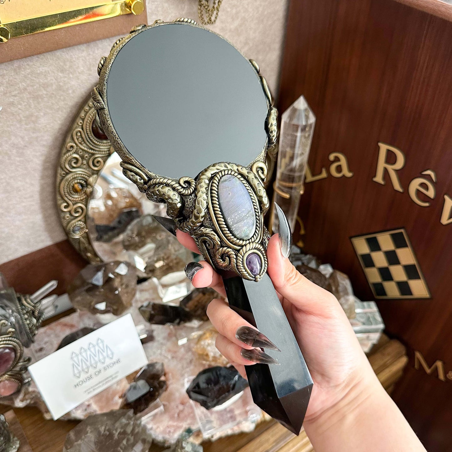 Handmade Natural Black Obsidian Mirror/Magic Obsidian Witch Wand/Crystal Quartz Wand/Scrying Mirror Wand/Root Chakra/Manifest Altar Tool