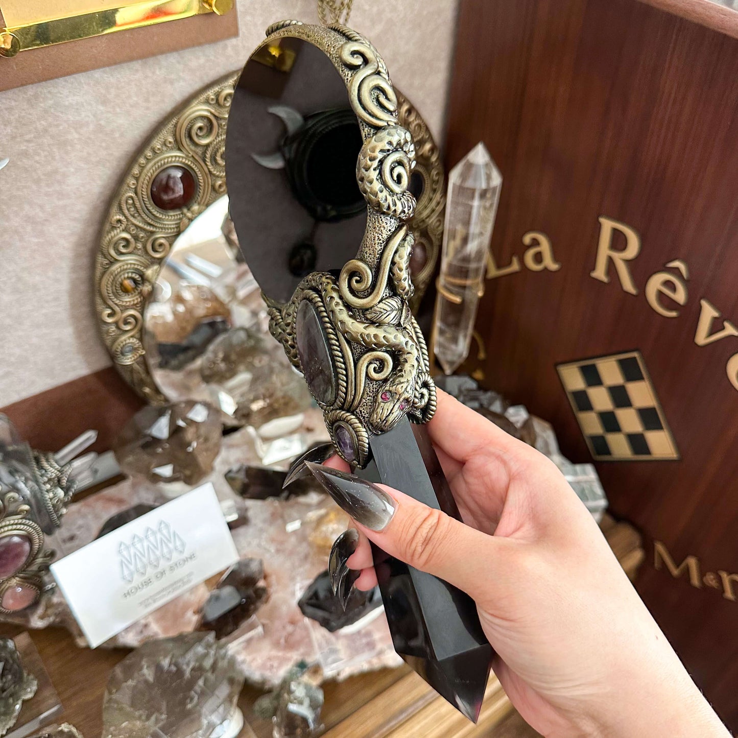 Handmade Natural Black Obsidian Mirror/Magic Obsidian Witch Wand/Crystal Quartz Wand/Scrying Mirror Wand/Root Chakra/Manifest Altar Tool