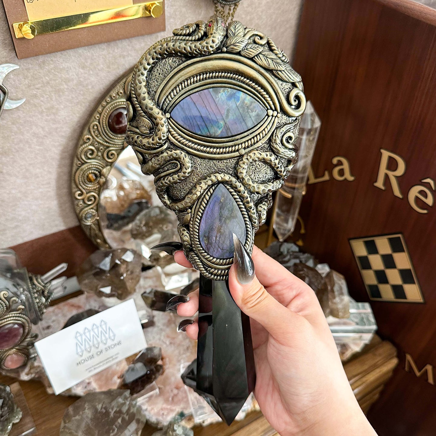 Handmade Natural Black Obsidian Mirror/Magic Obsidian Witch Wand/Crystal Quartz Wand/Scrying Mirror Wand/Root Chakra/Manifest Altar Tool