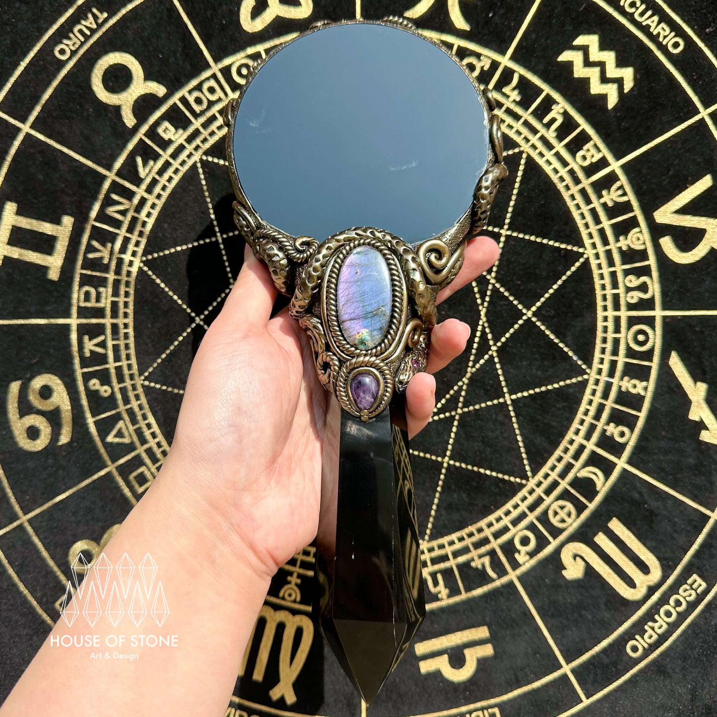 Handmade Natural Black Obsidian Mirror/Magic Obsidian Witch Wand/Crystal Quartz Wand/Scrying Mirror Wand/Root Chakra/Manifest Altar Tool