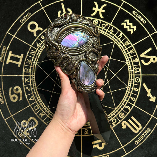 Handmade Natural Black Obsidian Mirror/Magic Obsidian Witch Wand/Crystal Quartz Wand/Scrying Mirror Wand/Root Chakra/Manifest Altar Tool