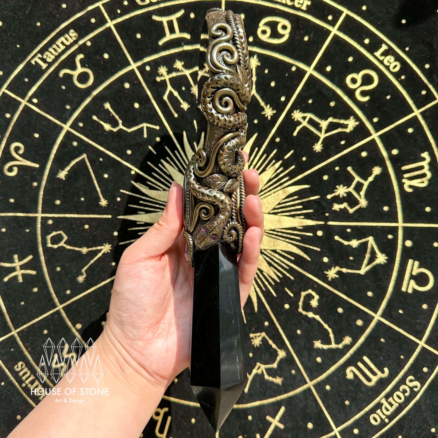 Handmade Natural Black Obsidian Mirror/Magic Obsidian Witch Wand/Crystal Quartz Wand/Scrying Mirror Wand/Root Chakra/Manifest Altar Tool