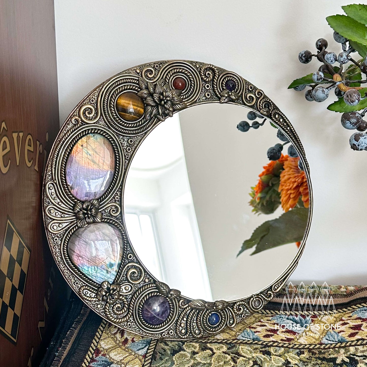 Handmade Natural Crystal Mirror/Magic Crystal Witch Mirror/Labradorite Mirror/Crystal Quartz Mirror/Chakra Healing/Manifest Altar Tool