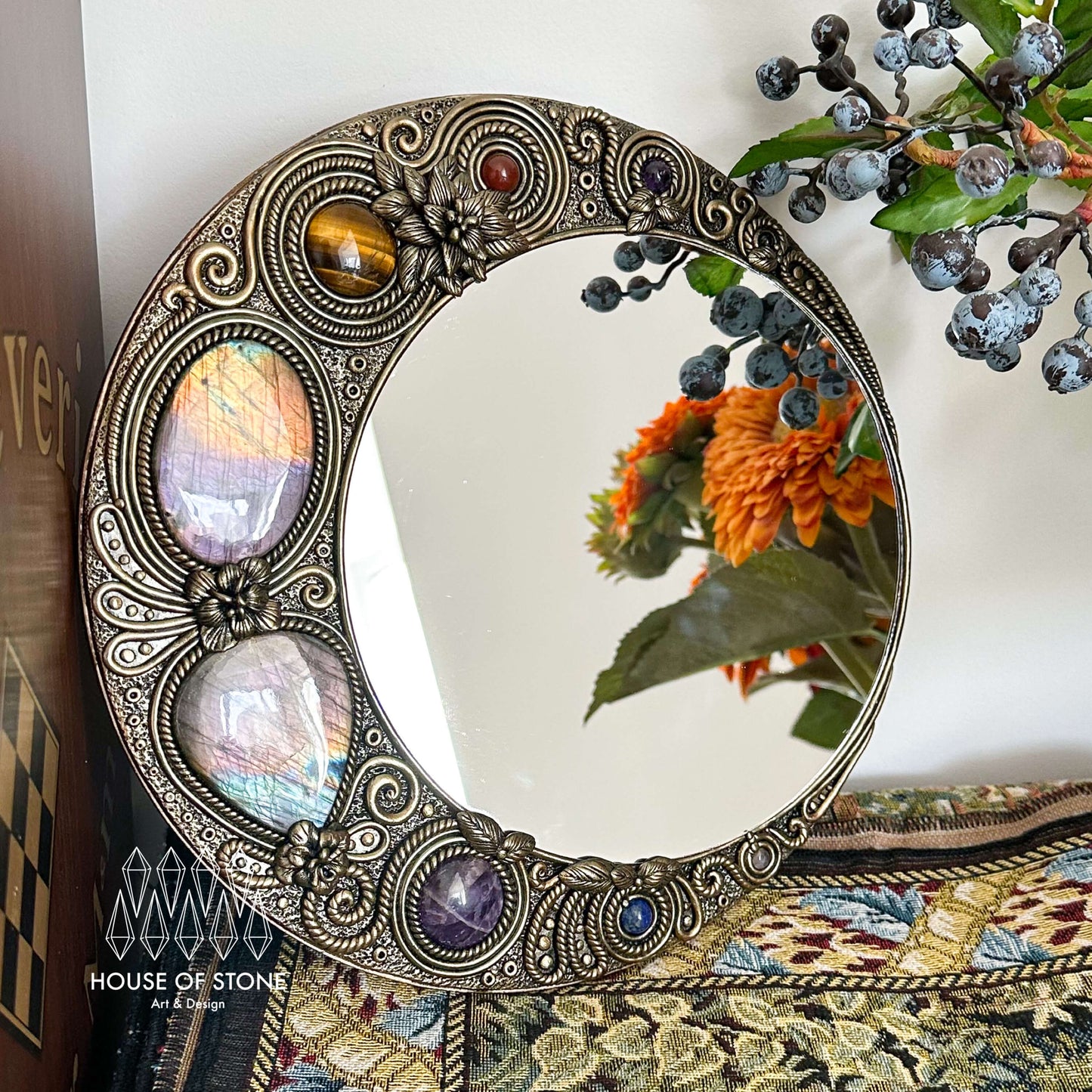 Handmade Natural Crystal Mirror/Magic Crystal Witch Mirror/Labradorite Mirror/Crystal Quartz Mirror/Chakra Healing/Manifest Altar Tool