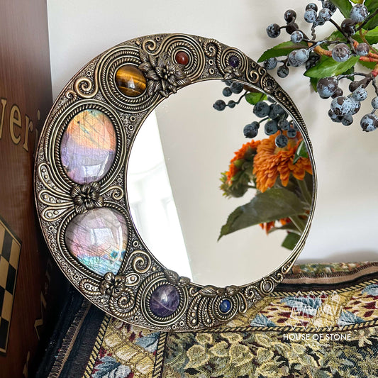 Handmade Natural Crystal Mirror/Magic Crystal Witch Mirror/Labradorite Mirror/Crystal Quartz Mirror/Chakra Healing/Manifest Altar Tool