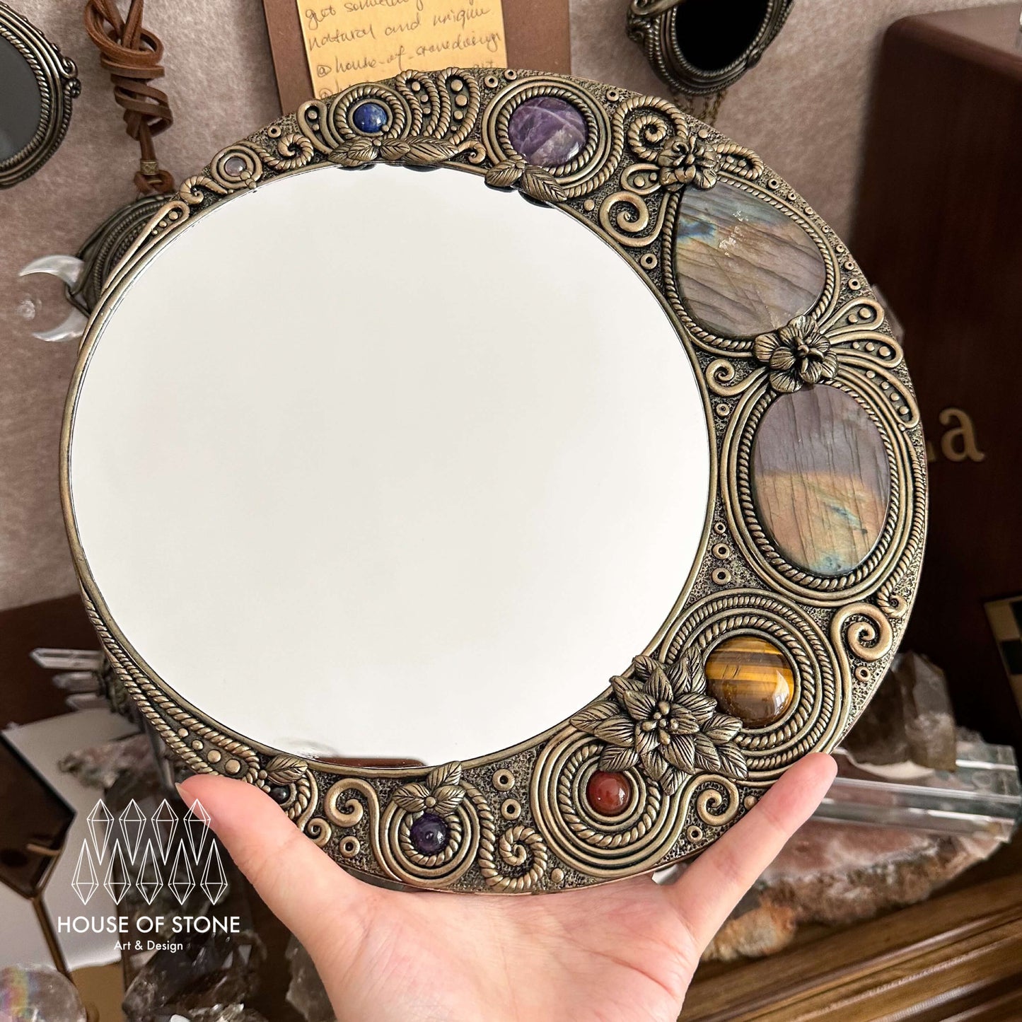 Handmade Natural Crystal Mirror/Magic Crystal Witch Mirror/Labradorite Mirror/Crystal Quartz Mirror/Chakra Healing/Manifest Altar Tool