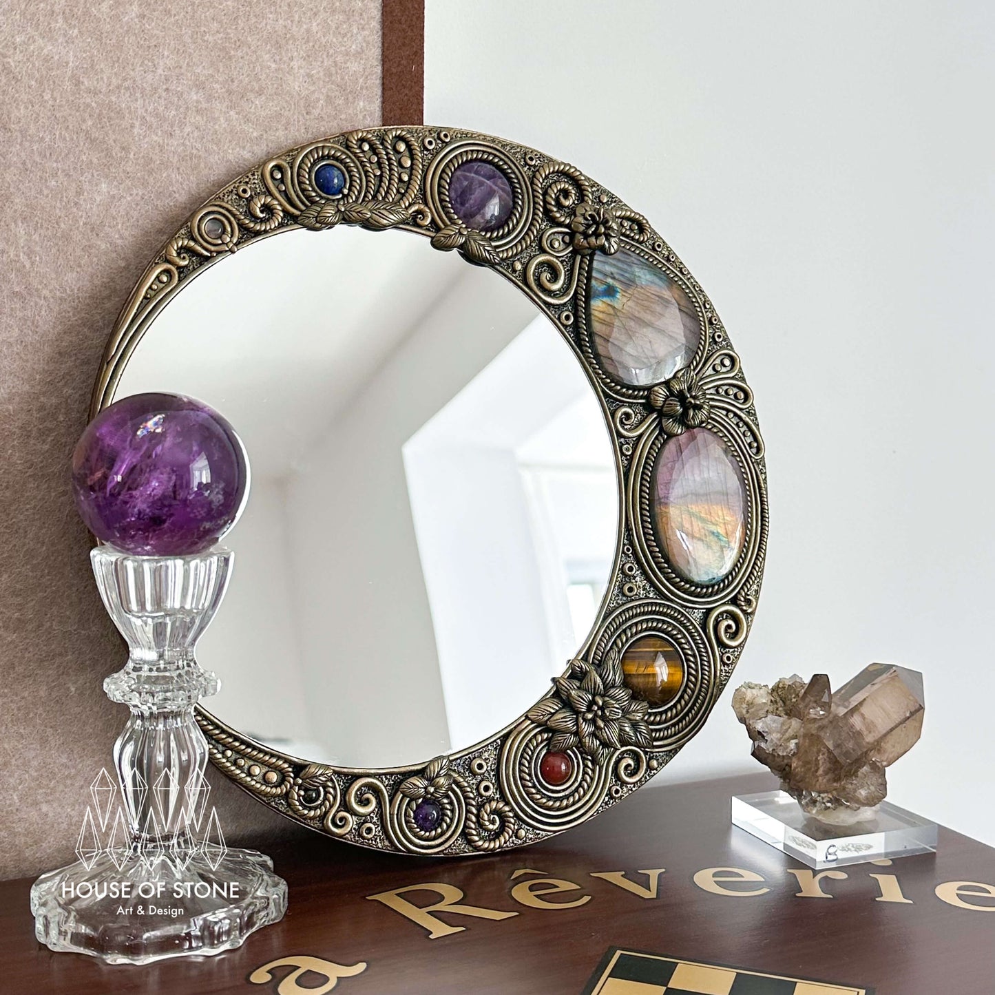 Handmade Natural Crystal Mirror/Magic Crystal Witch Mirror/Labradorite Mirror/Crystal Quartz Mirror/Chakra Healing/Manifest Altar Tool