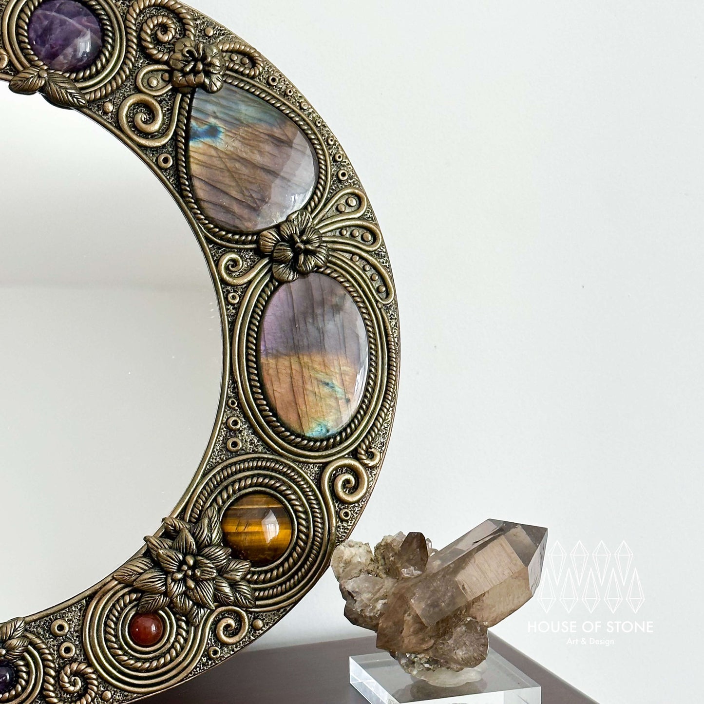 Handmade Natural Crystal Mirror/Magic Crystal Witch Mirror/Labradorite Mirror/Crystal Quartz Mirror/Chakra Healing/Manifest Altar Tool