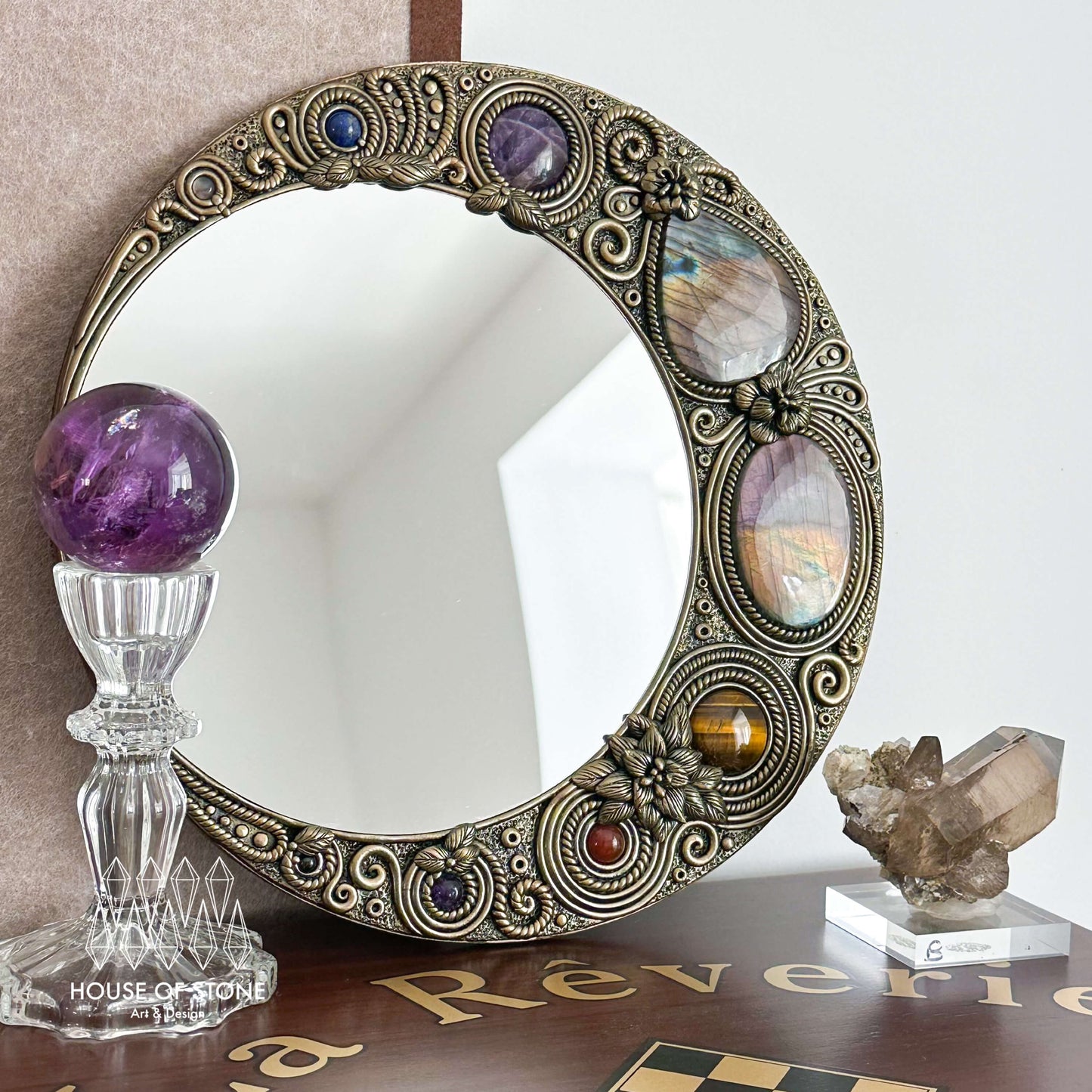 Handmade Natural Crystal Mirror/Magic Crystal Witch Mirror/Labradorite Mirror/Crystal Quartz Mirror/Chakra Healing/Manifest Altar Tool