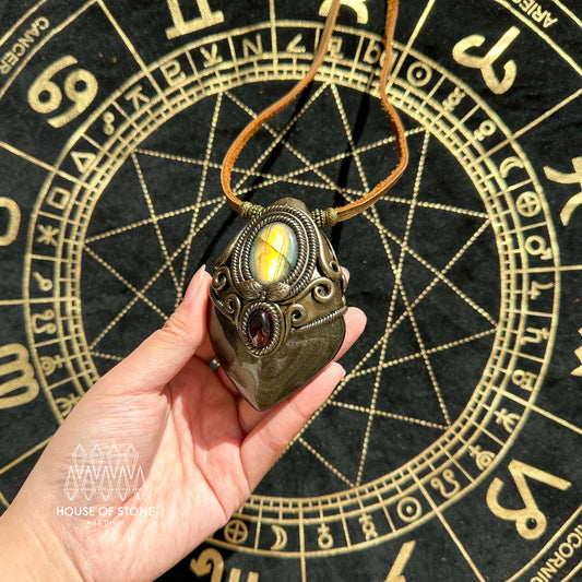 Natural Handmade Gold Sheen Obsidian Pendant Necklace/Magic Crystal Double-sided Pendant/Labradorite Necklace/Root Chakra/Manifest Altar Tool