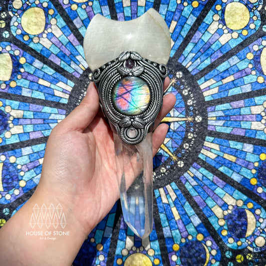 Natural Handmade Crystal Quartz Wand/Magic Witch Crystal Wand/Moonstone Brazil Clear Quartz Labradorite Wand/Chakra Healing/Manifest Altar Tool