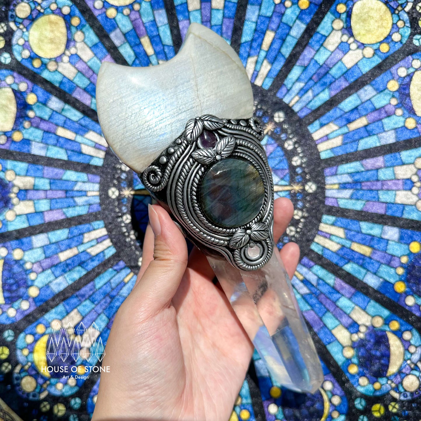 Natural Handmade Crystal Quartz Wand/Magic Witch Crystal Wand/Moonstone Brazil Clear Quartz Labradorite Wand/Chakra Healing/Manifest Altar Tool