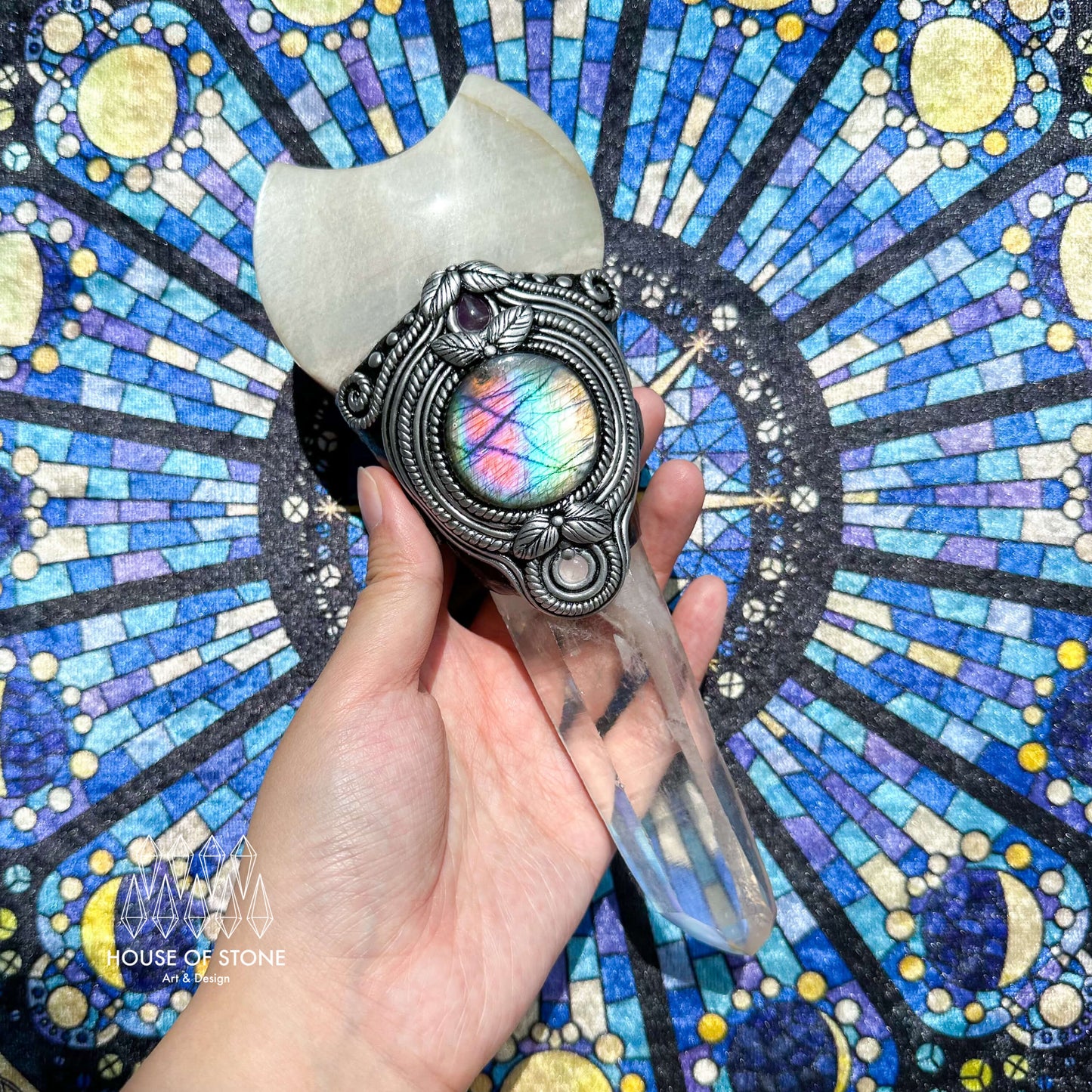 Natural Handmade Crystal Quartz Wand/Magic Witch Crystal Wand/Moonstone Brazil Clear Quartz Labradorite Wand/Chakra Healing/Manifest Altar Tool