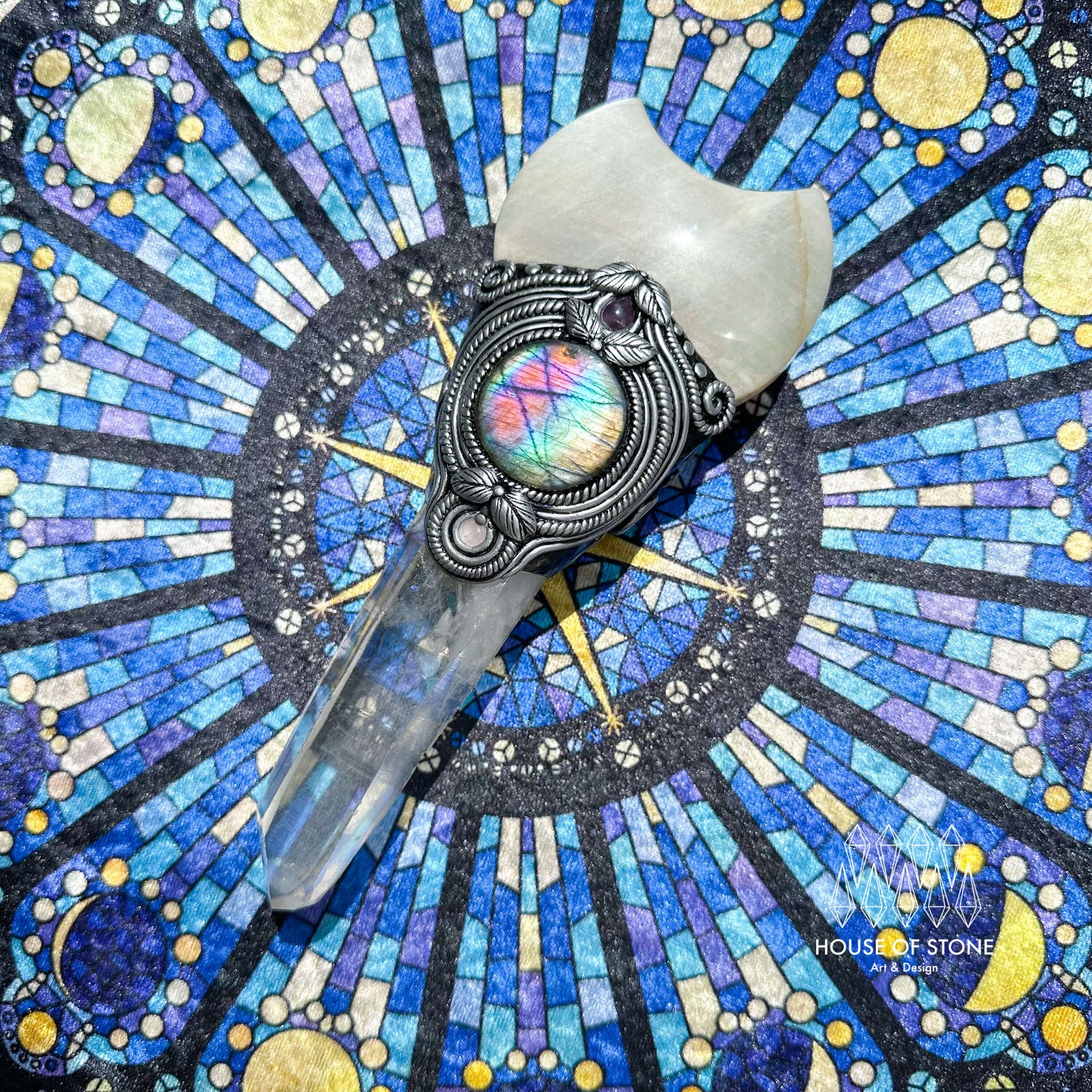 Natural Handmade Crystal Quartz Wand/Magic Witch Crystal Wand/Moonstone Brazil Clear Quartz Labradorite Wand/Chakra Healing/Manifest Altar Tool