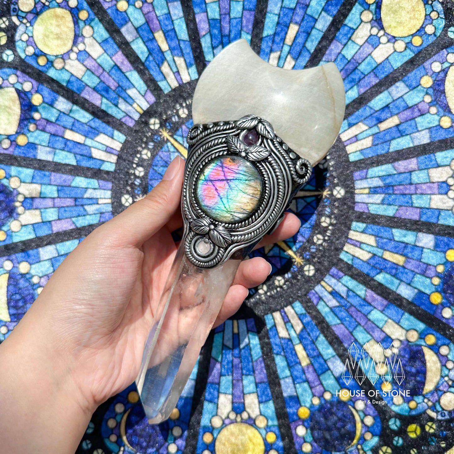 Natural Handmade Crystal Quartz Wand/Magic Witch Crystal Wand/Moonstone Brazil Clear Quartz Labradorite Wand/Chakra Healing/Manifest Altar Tool