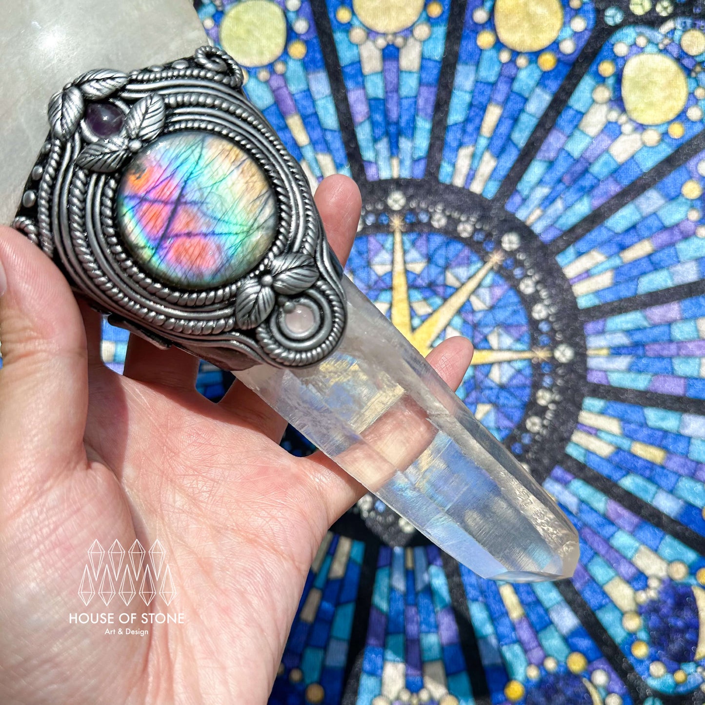 Natural Handmade Crystal Quartz Wand/Magic Witch Crystal Wand/Moonstone Brazil Clear Quartz Labradorite Wand/Chakra Healing/Manifest Altar Tool