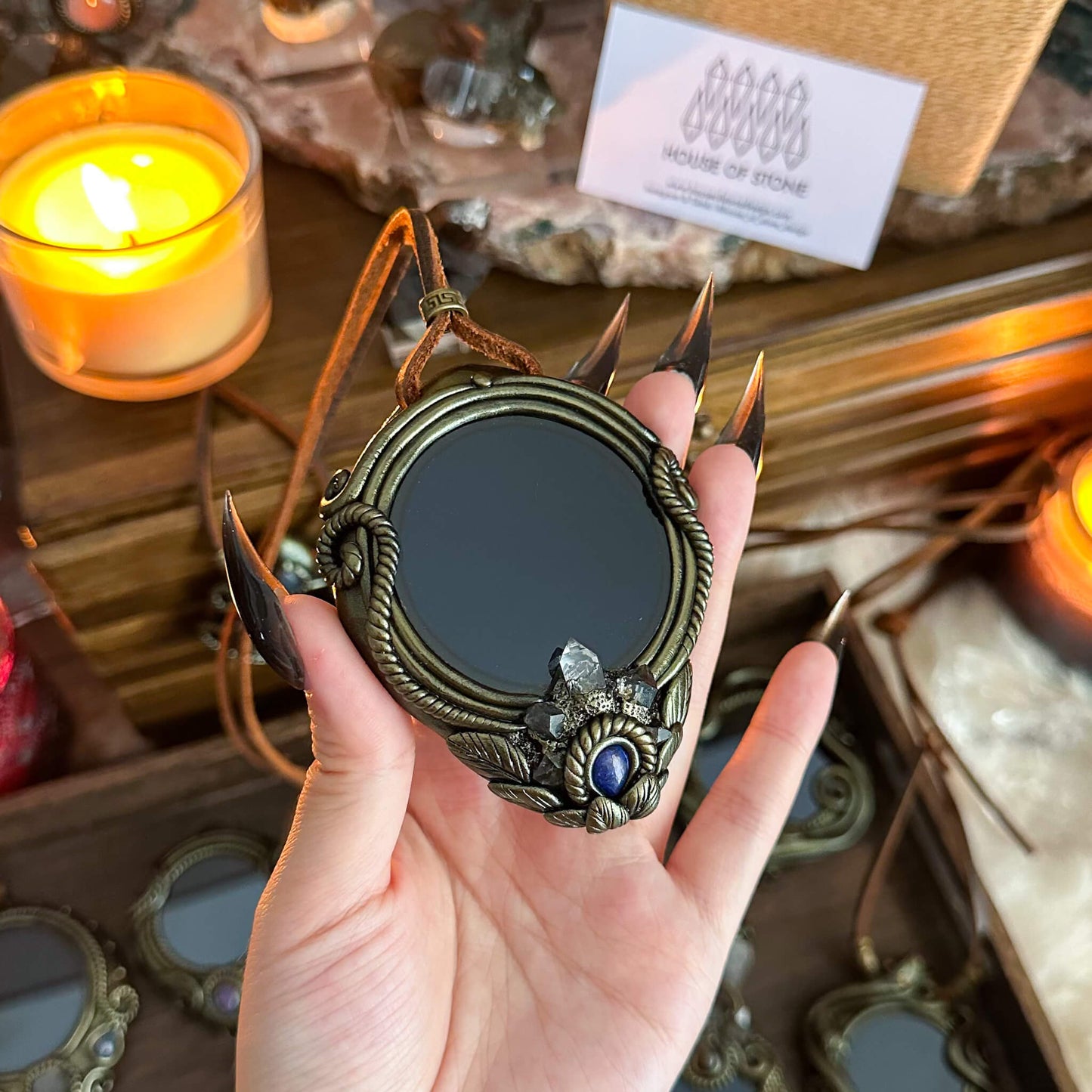 Handmade Natural Black Obsidian Pendant Necklace/Magic Obsidian Mirror Crystal Pendant/Scrying Mirror Talisman Protection Jewelry/Altar Tool