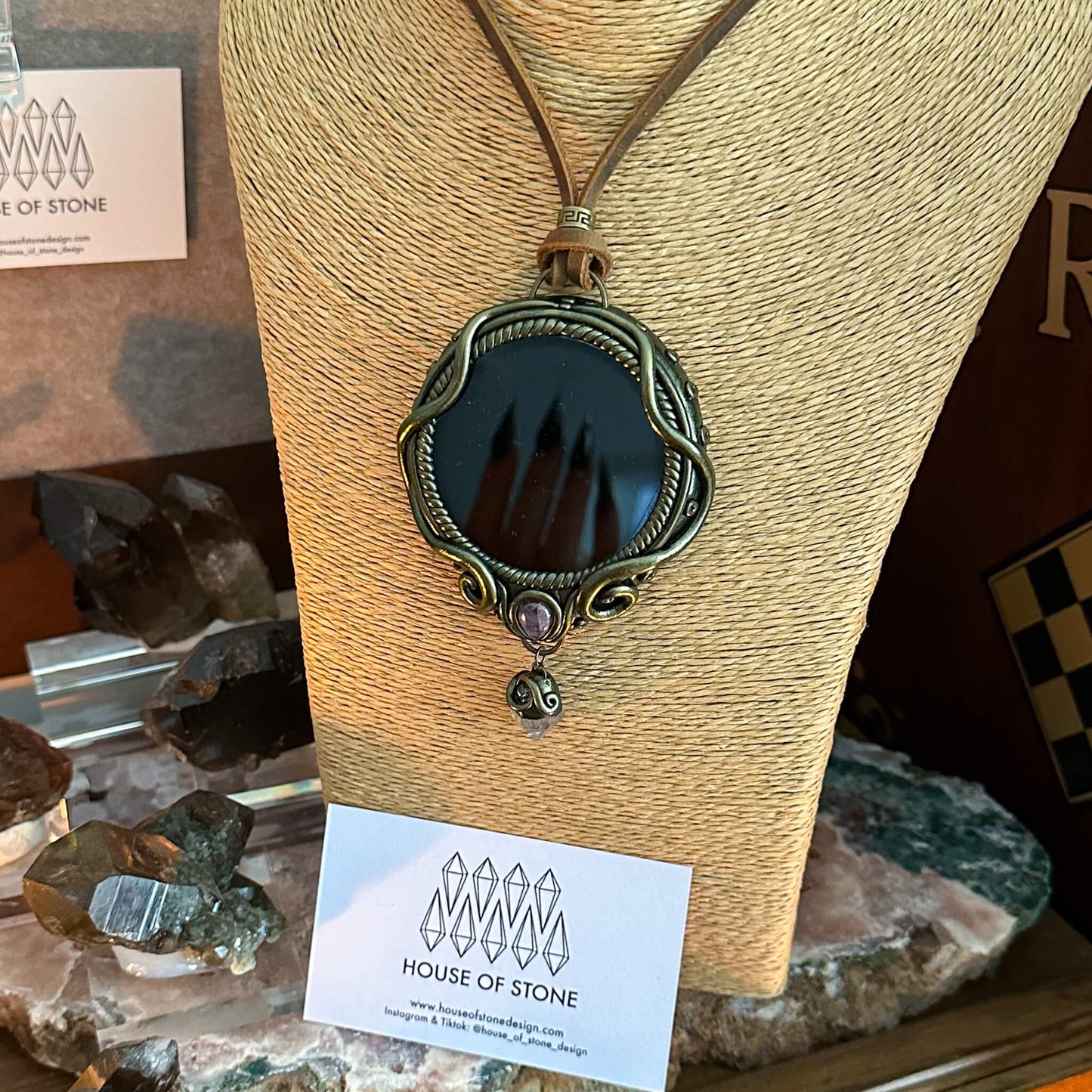 Handmade Natural Black Obsidian Pendant Necklace/Magic Obsidian Mirror Crystal Pendant/Scrying Mirror Talisman Protection Jewelry/Altar Tool