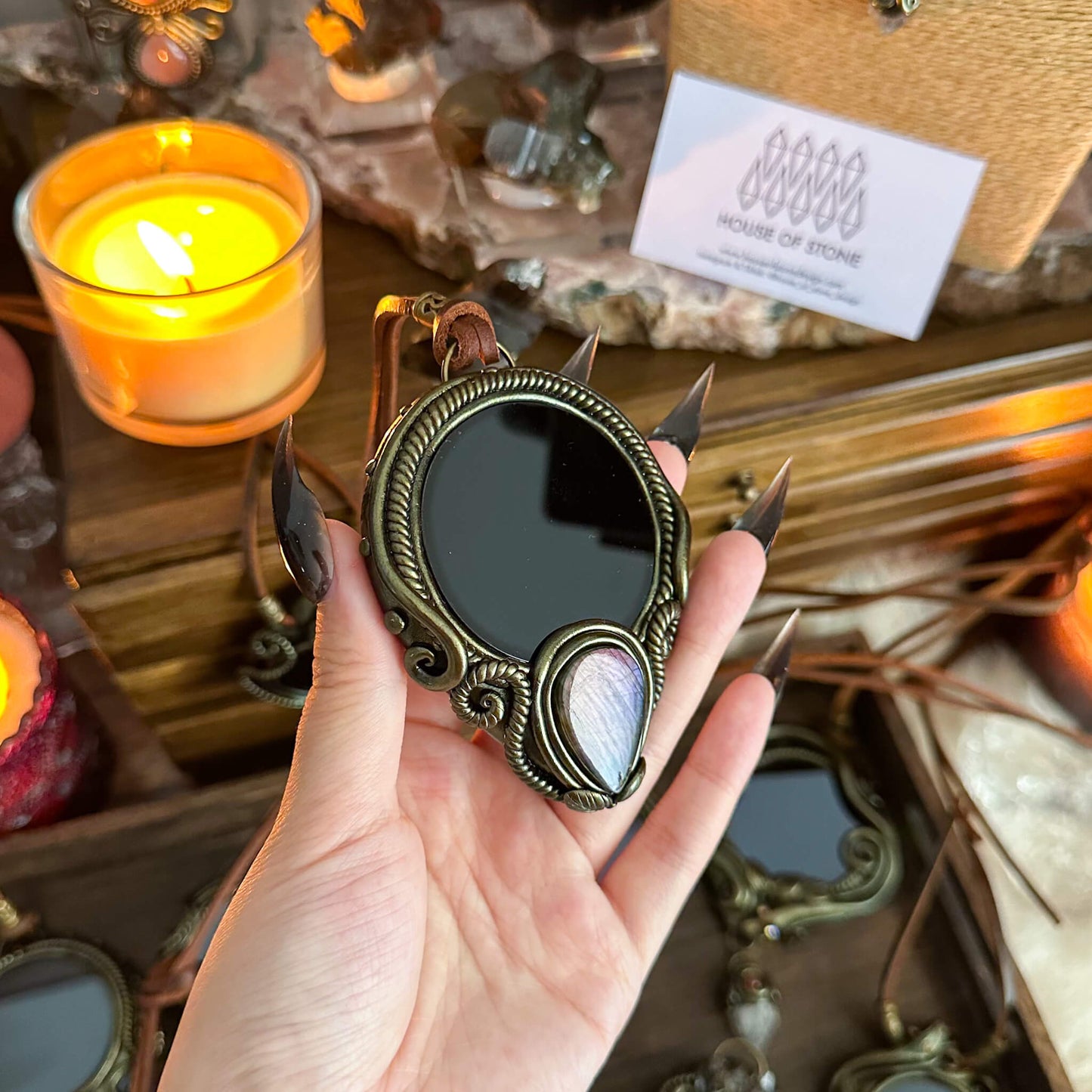 Handmade Natural Black Obsidian Pendant Necklace/Magic Obsidian Mirror Crystal Pendant/Scrying Mirror Talisman Protection Jewelry/Altar Tool