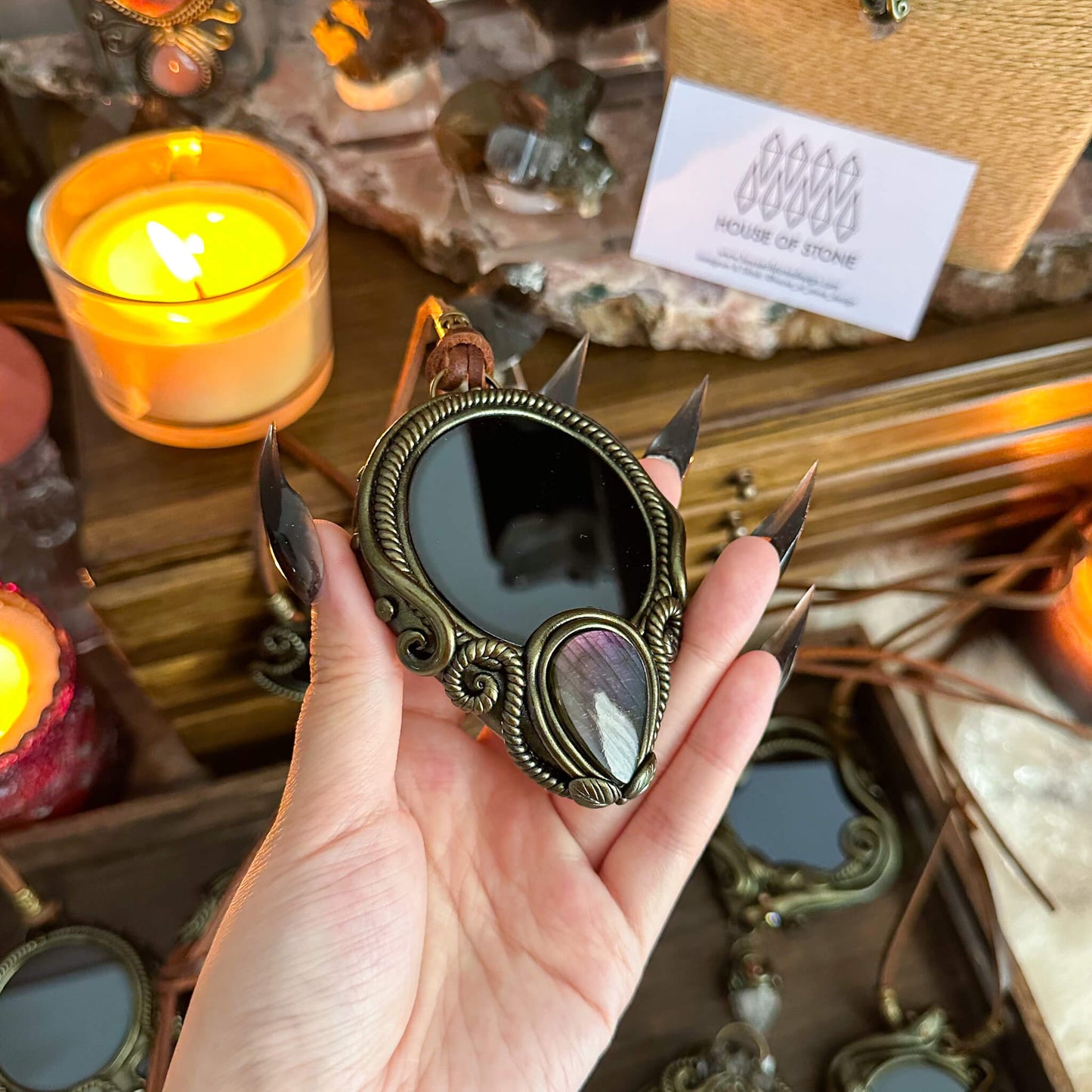 Handmade Natural Black Obsidian Pendant Necklace/Magic Obsidian Mirror Crystal Pendant/Scrying Mirror Talisman Protection Jewelry/Altar Tool