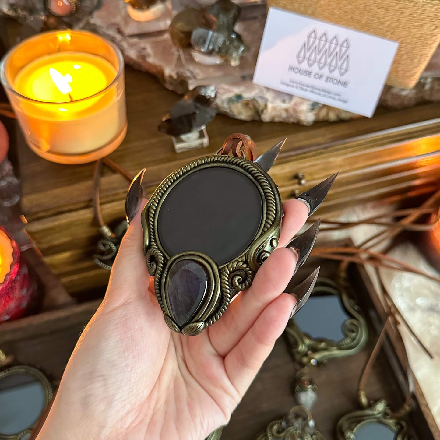 Handmade Natural Black Obsidian Pendant Necklace/Magic Obsidian Mirror Crystal Pendant/Scrying Mirror Talisman Protection Jewelry/Altar Tool