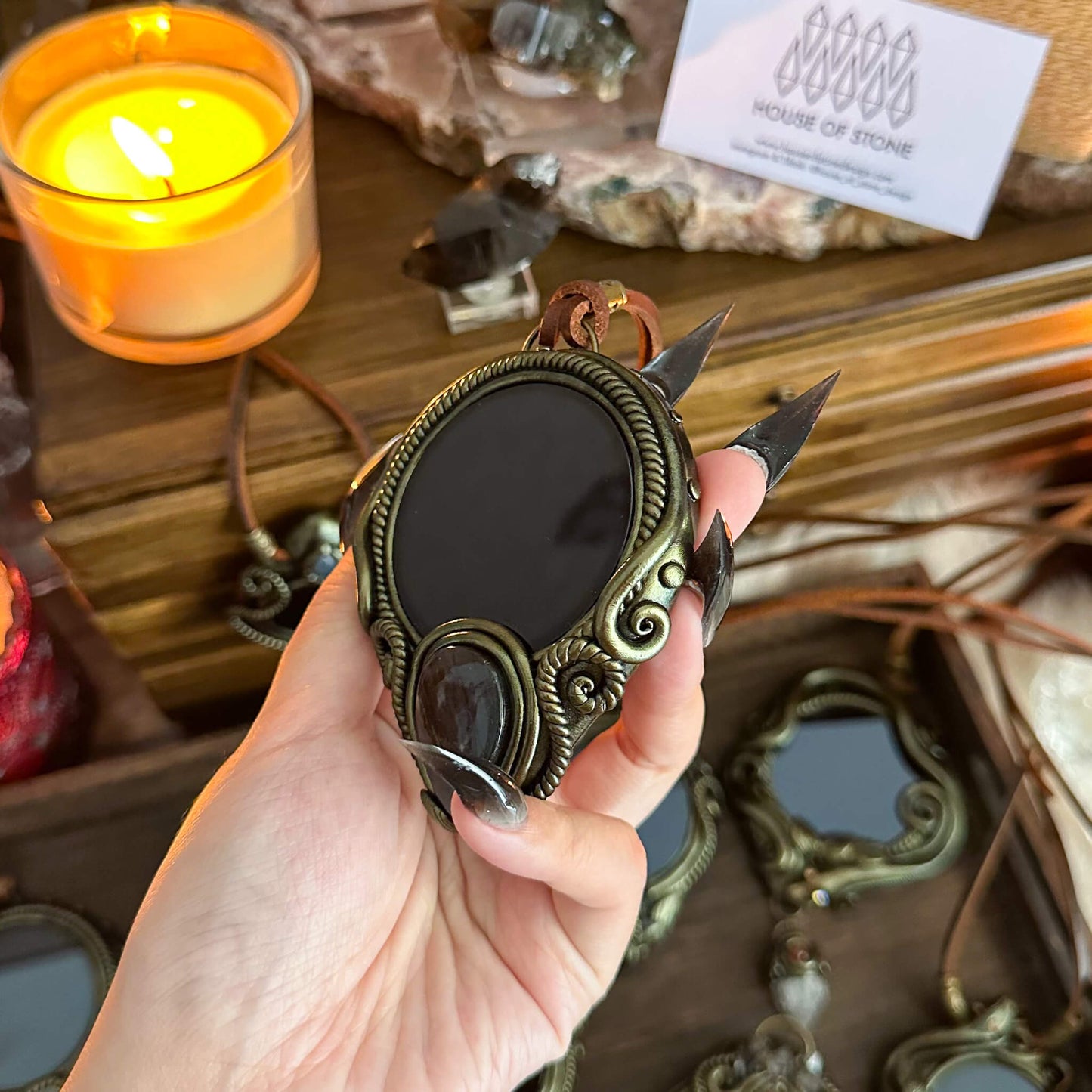 Handmade Natural Black Obsidian Pendant Necklace/Magic Obsidian Mirror Crystal Pendant/Scrying Mirror Talisman Protection Jewelry/Altar Tool
