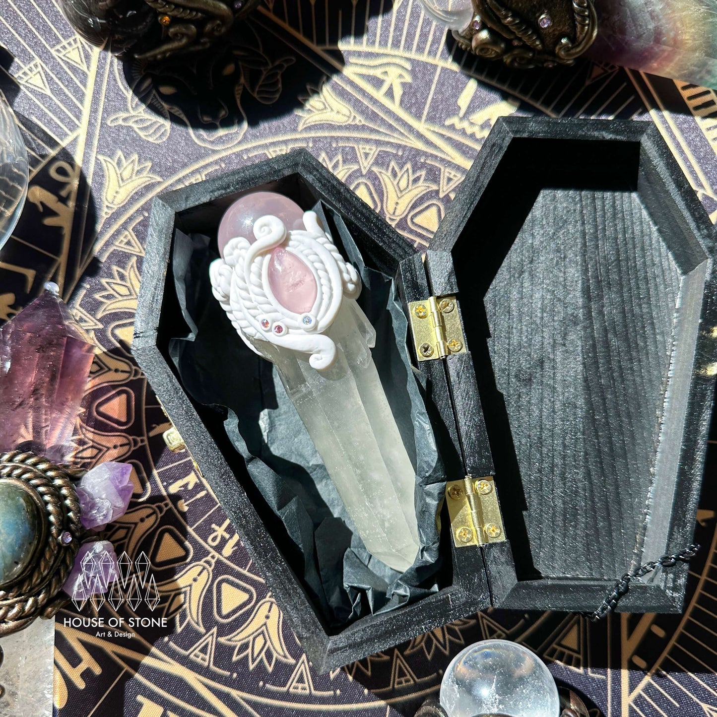 Natural Crystal Coffin Jewelry Box/Handmade Crystal Clay Coffin Stash Gift Box/Witchy Magic Gothic Crystal Rainbow Obsidian Box/Altar Tools