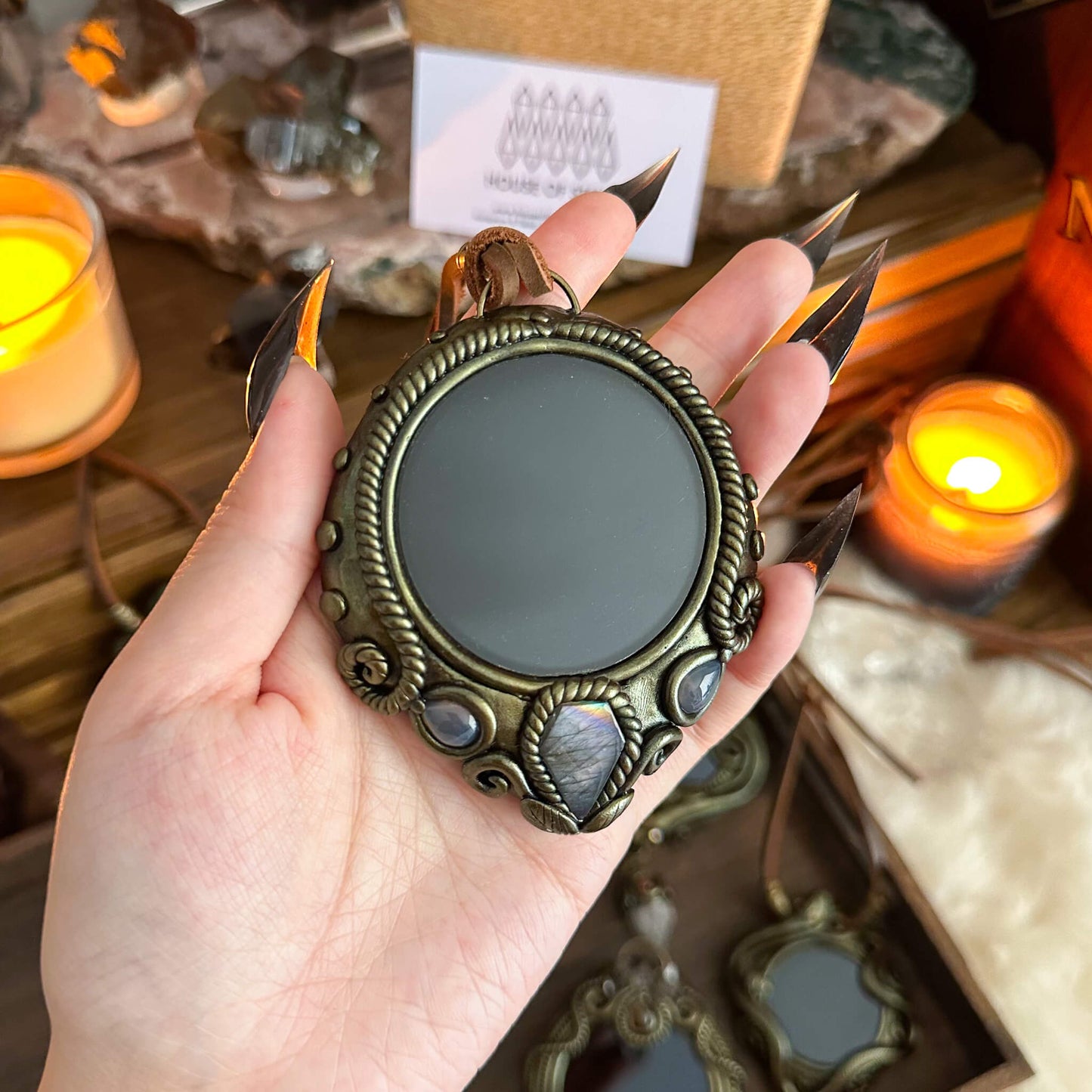 Handmade Natural Black Obsidian Pendant Necklace/Magic Obsidian Mirror Crystal Pendant/Scrying Mirror Talisman Protection Jewelry/Altar Tool