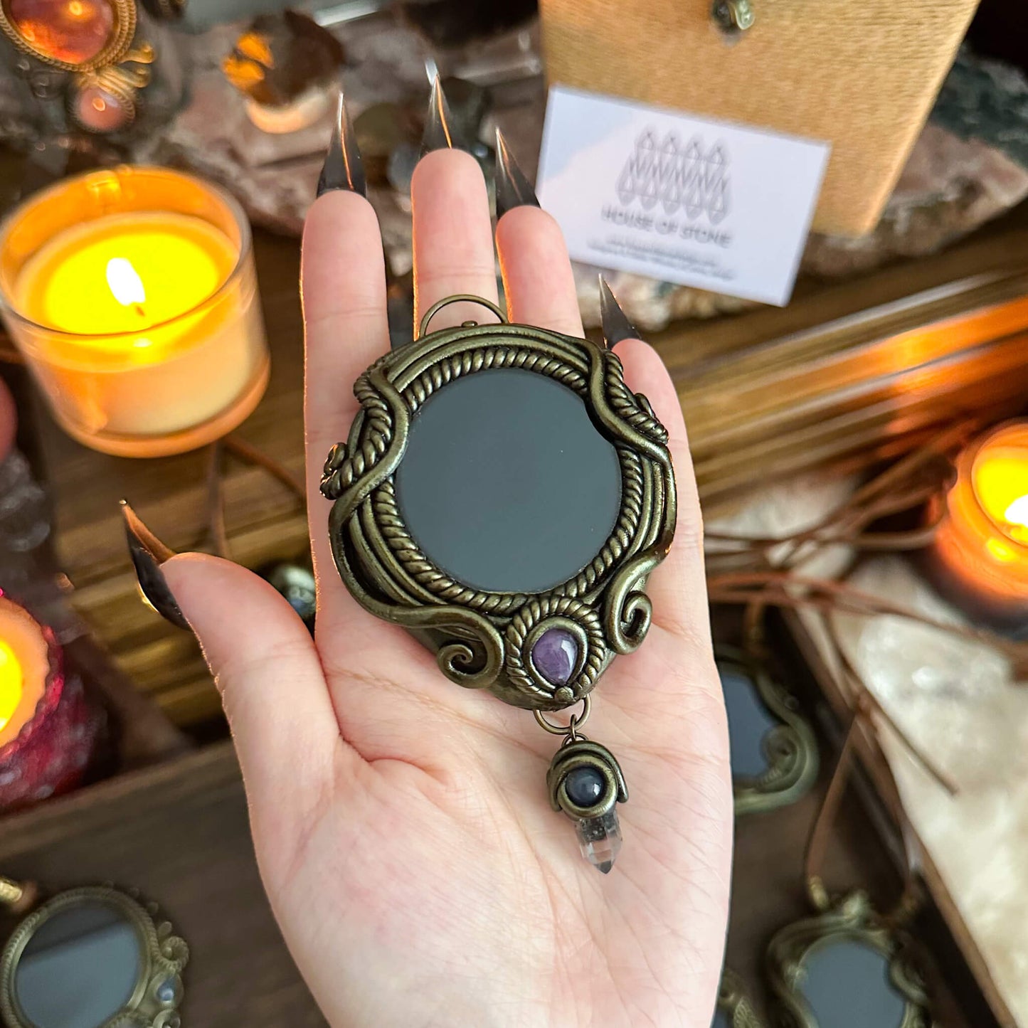 Handmade Natural Black Obsidian Pendant Necklace/Magic Obsidian Mirror Crystal Pendant/Scrying Mirror Talisman Protection Jewelry/Altar Tool