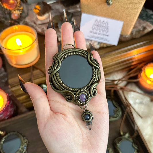 Handmade Natural Black Obsidian Pendant Necklace/Magic Obsidian Mirror Crystal Pendant/Scrying Mirror Talisman Protection Jewelry/Altar Tool