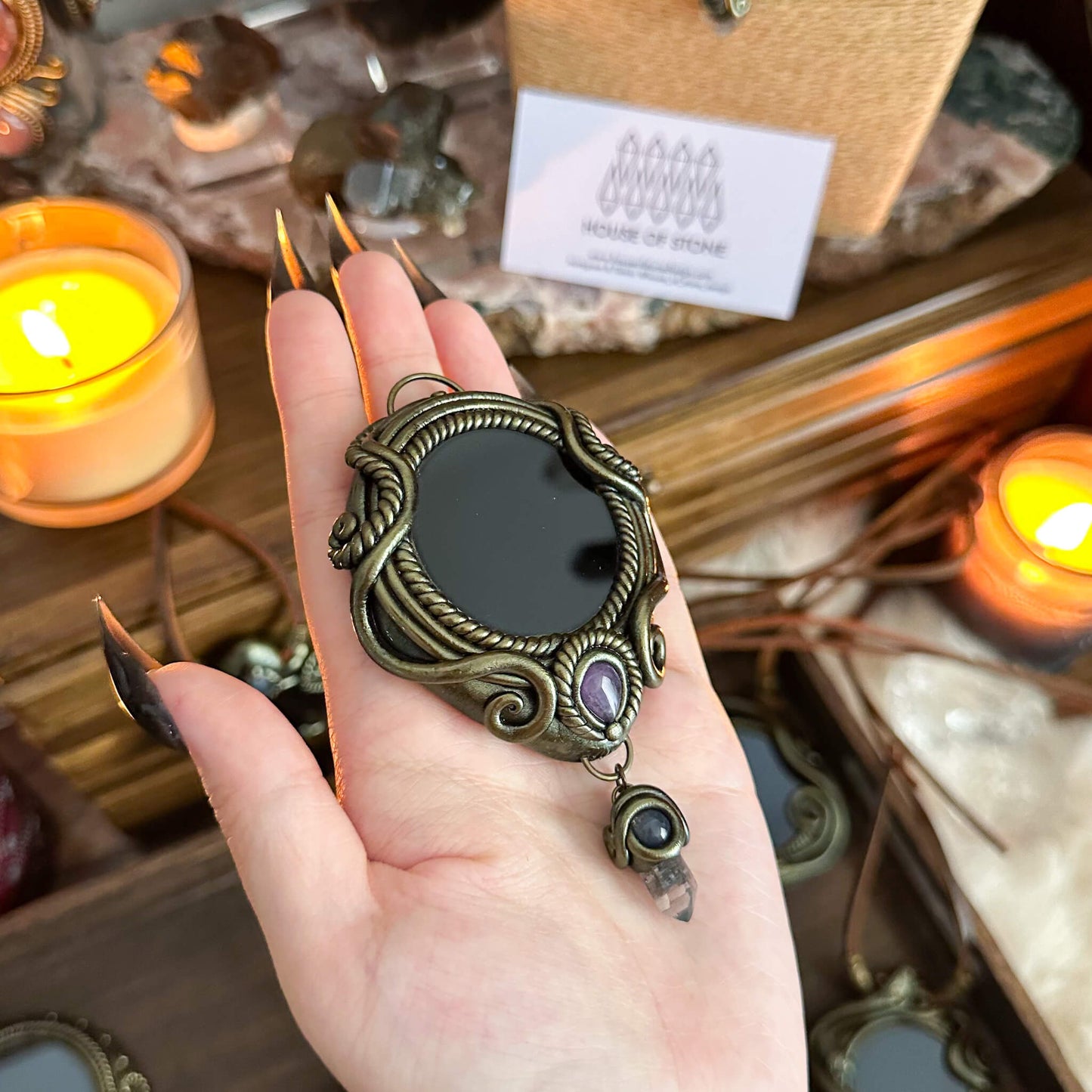 Handmade Natural Black Obsidian Pendant Necklace/Magic Obsidian Mirror Crystal Pendant/Scrying Mirror Talisman Protection Jewelry/Altar Tool