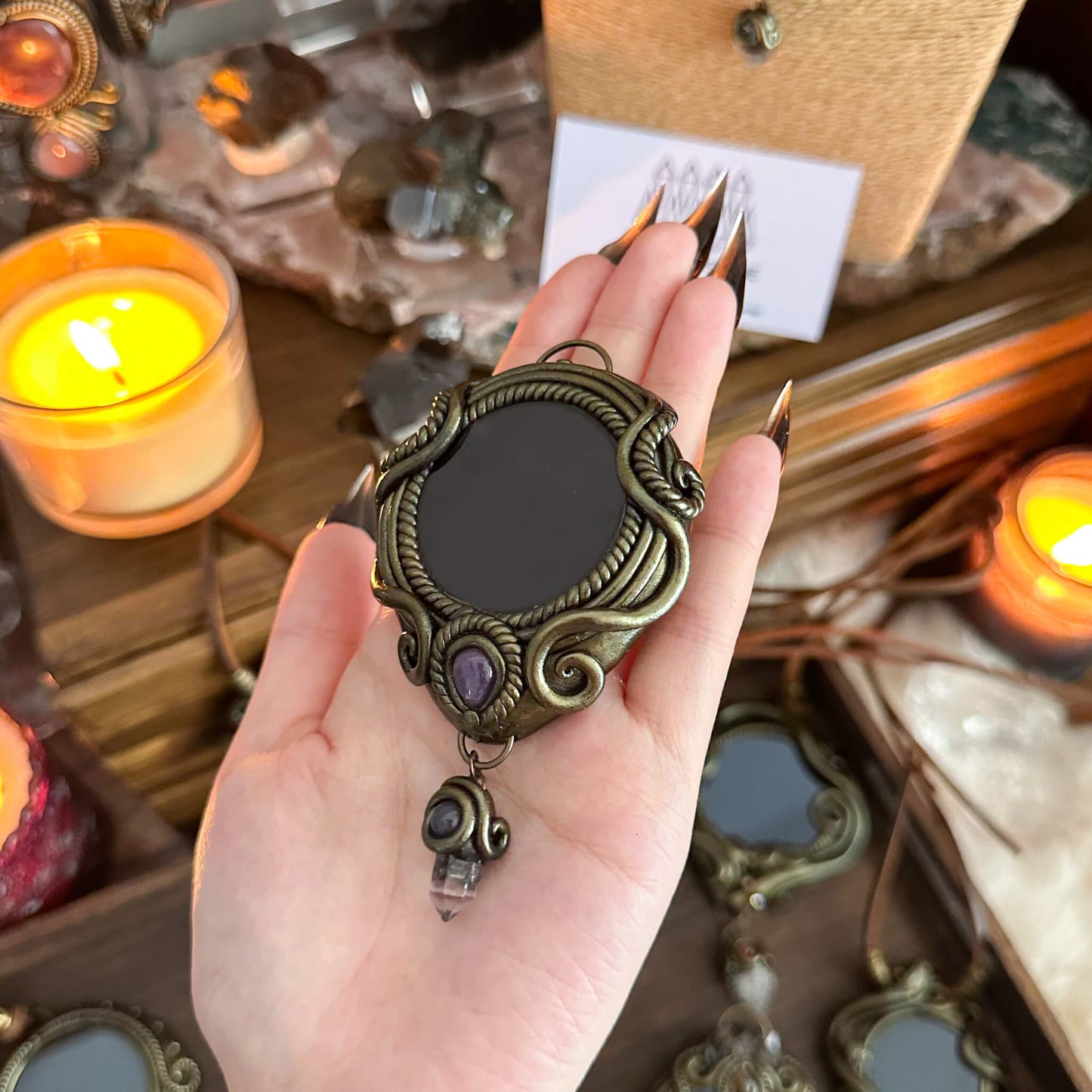Handmade Natural Black Obsidian Pendant Necklace/Magic Obsidian Mirror Crystal Pendant/Scrying Mirror Talisman Protection Jewelry/Altar Tool