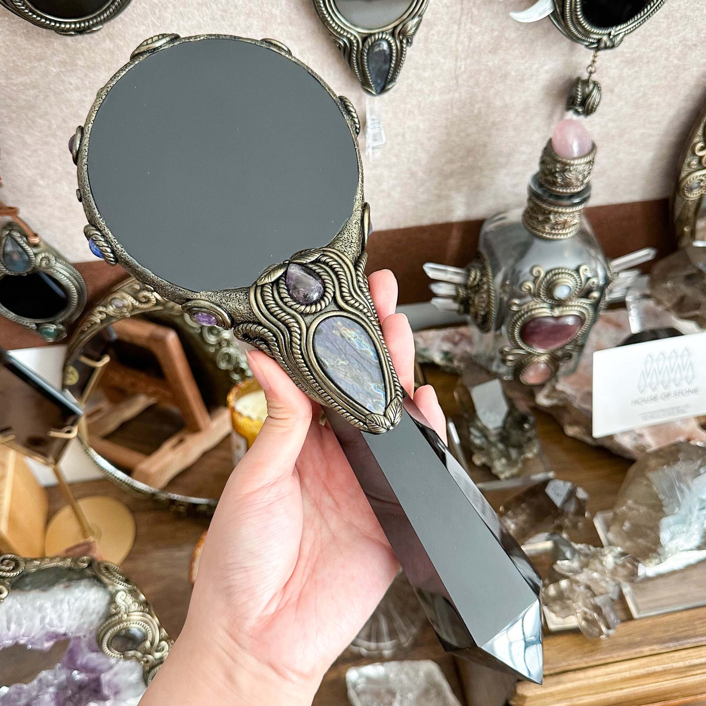 Handmade Natural Black Obsidian Mirror/Magic Obsidian Witch Wand/Crystal Quartz Wand/Scrying Mirror Wand/Root Chakra/Manifest Altar Tool