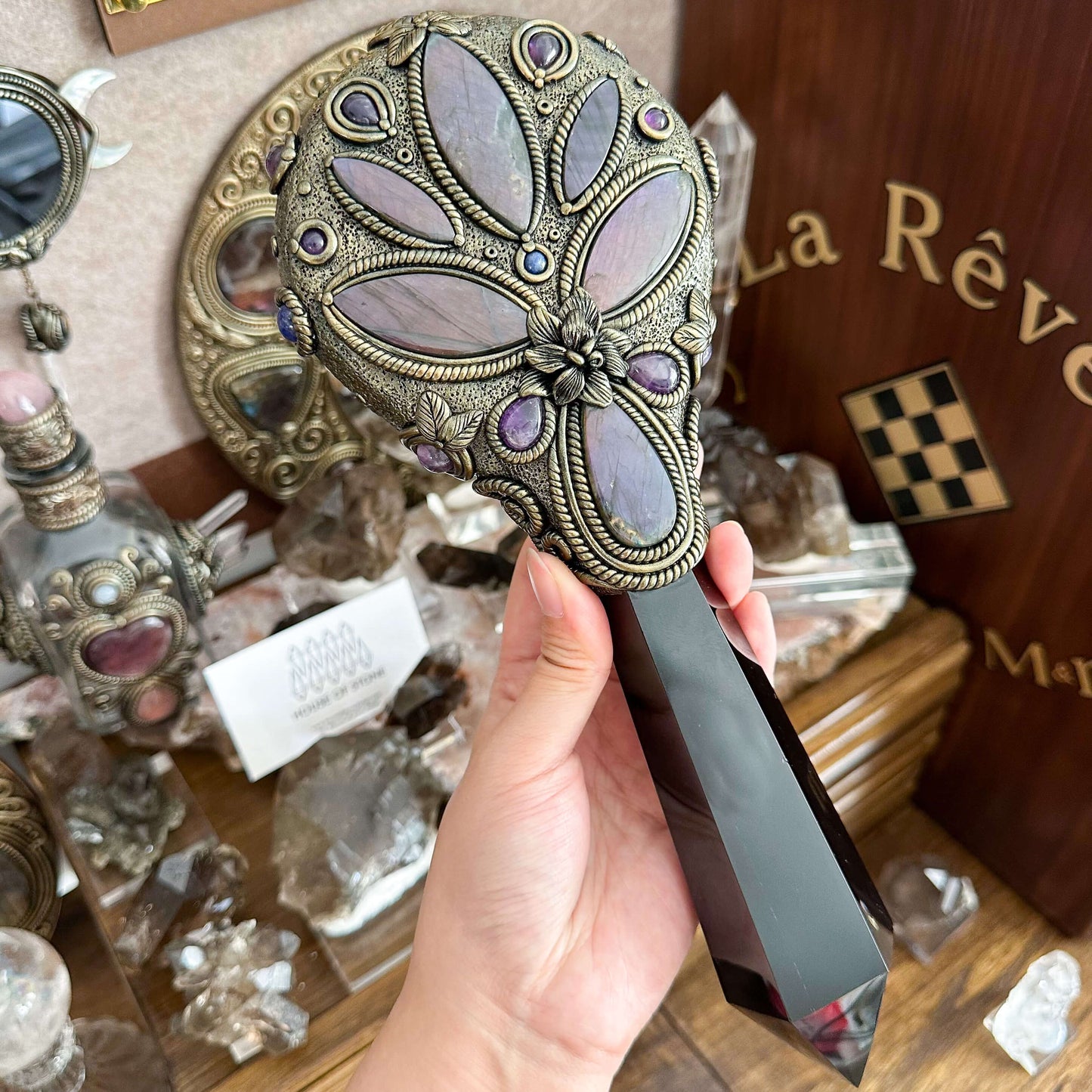 Handmade Natural Black Obsidian Mirror/Magic Obsidian Witch Wand/Crystal Quartz Wand/Scrying Mirror Wand/Root Chakra/Manifest Altar Tool