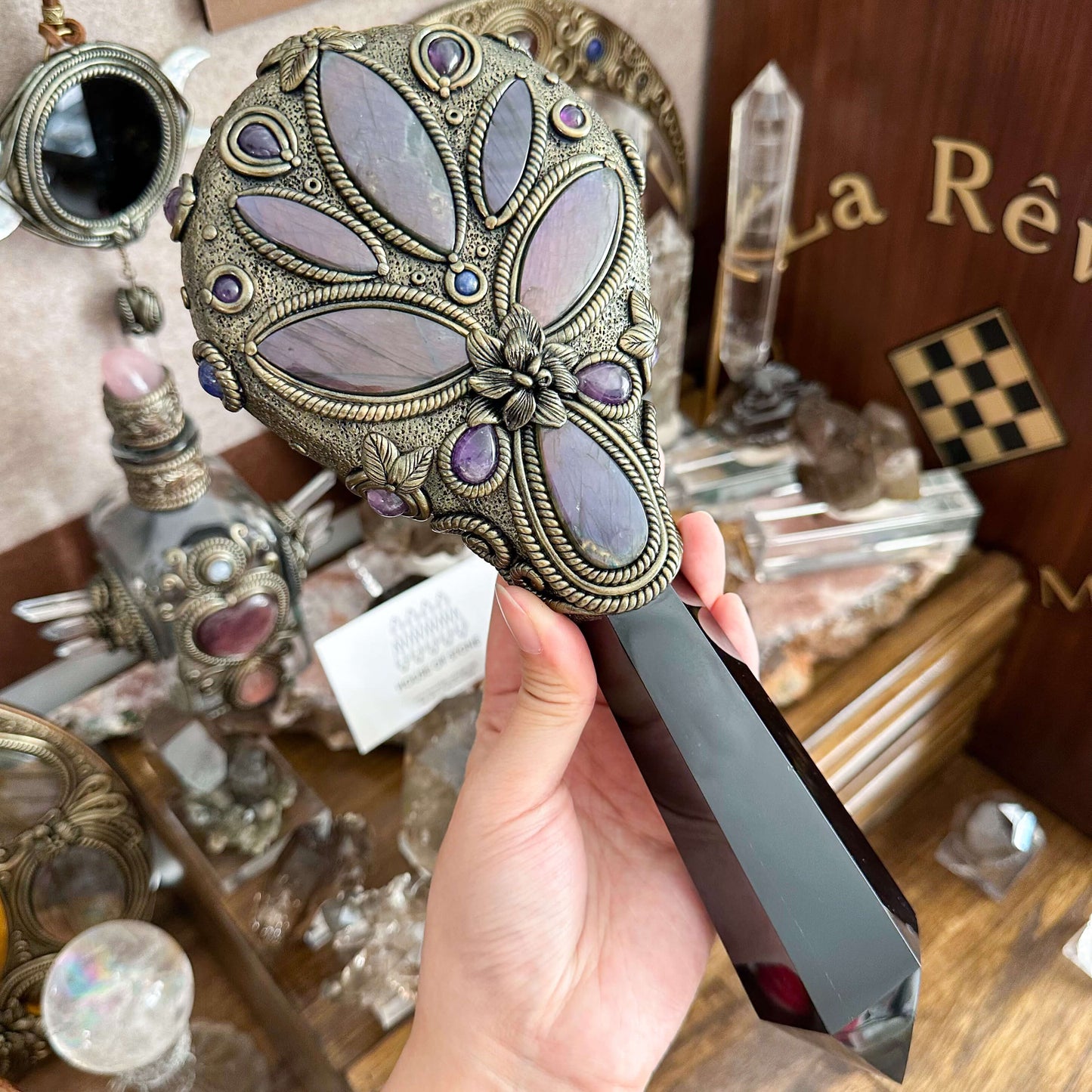 Handmade Natural Black Obsidian Mirror/Magic Obsidian Witch Wand/Crystal Quartz Wand/Scrying Mirror Wand/Root Chakra/Manifest Altar Tool