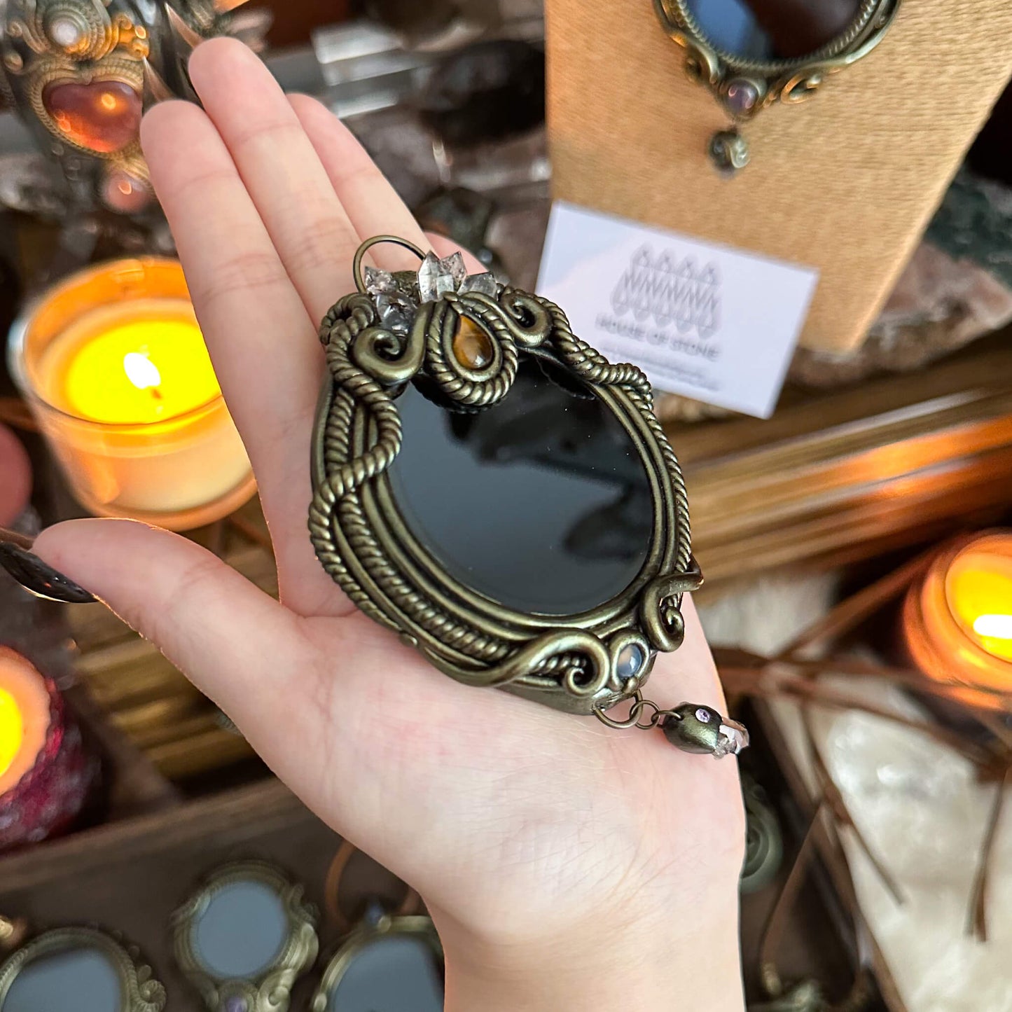Handmade Natural Black Obsidian Pendant Necklace/Magic Obsidian Mirror Crystal Pendant/Scrying Mirror Talisman Protection Jewelry/Altar Tool