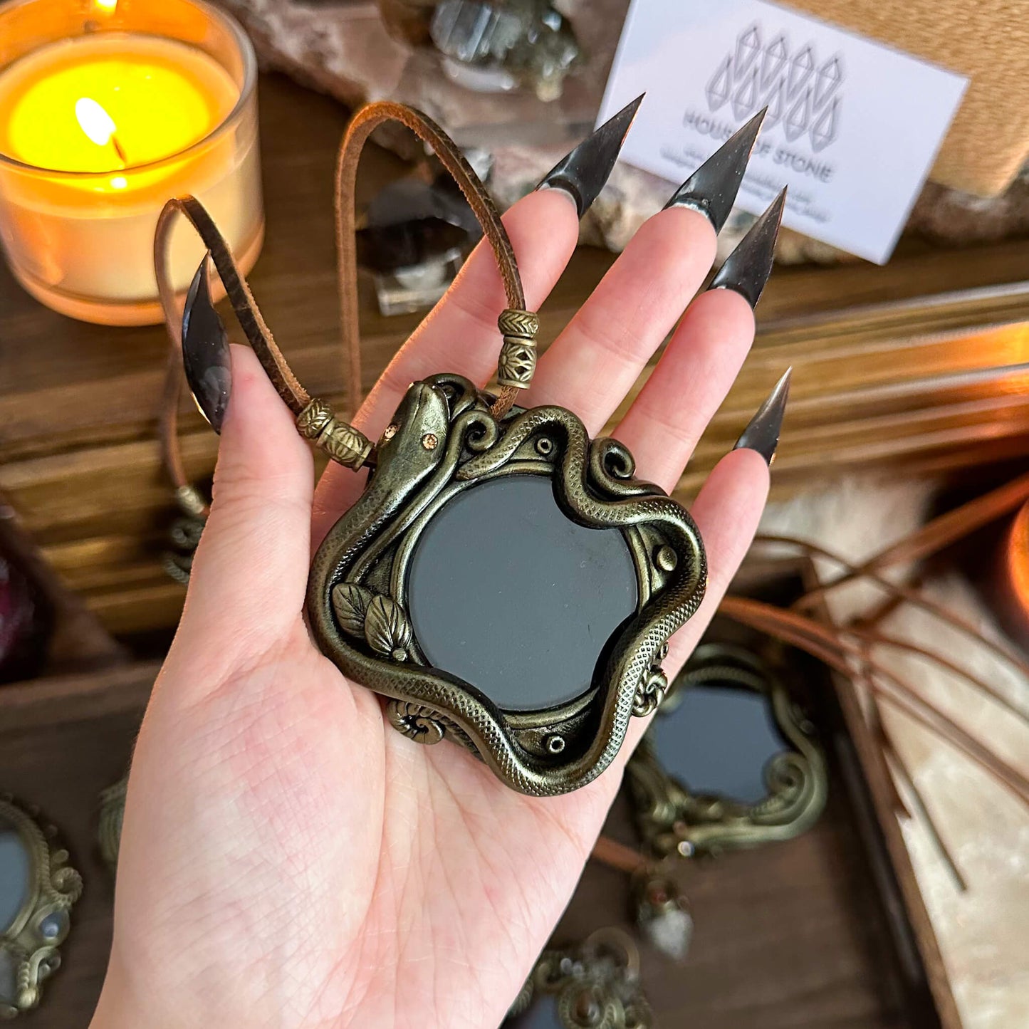 Handmade Natural Black Obsidian Pendant Necklace/Magic Obsidian Mirror Crystal Pendant/Scrying Mirror Talisman Protection Jewelry/Altar Tool
