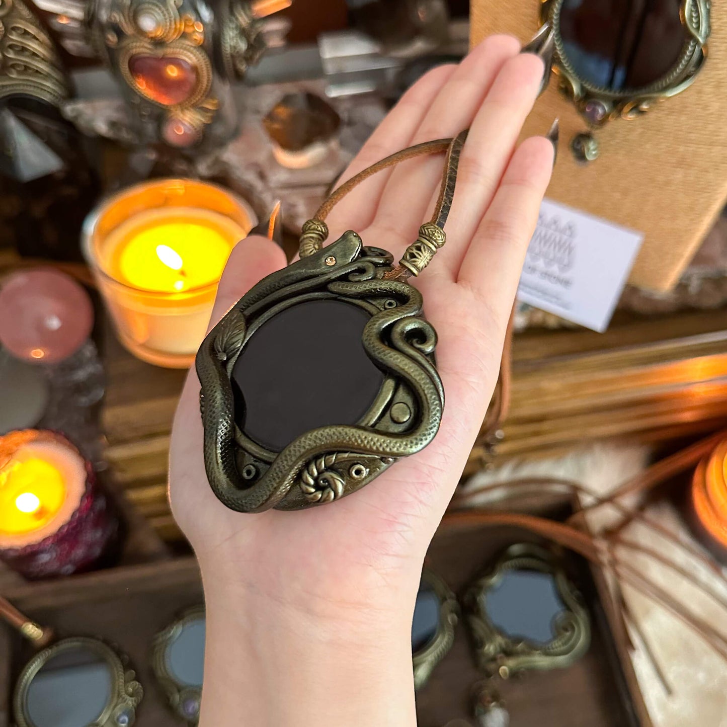 Handmade Natural Black Obsidian Pendant Necklace/Magic Obsidian Mirror Crystal Pendant/Scrying Mirror Talisman Protection Jewelry/Altar Tool
