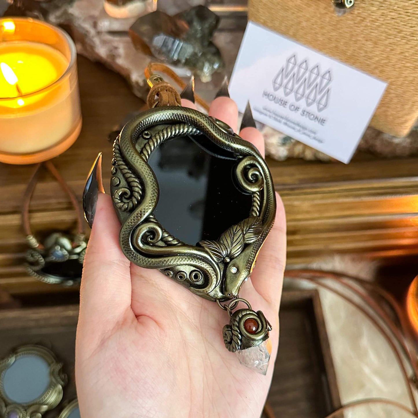 Handmade Natural Black Obsidian Pendant Necklace/Magic Obsidian Mirror Crystal Pendant/Scrying Mirror Talisman Protection Jewelry/Altar Tool