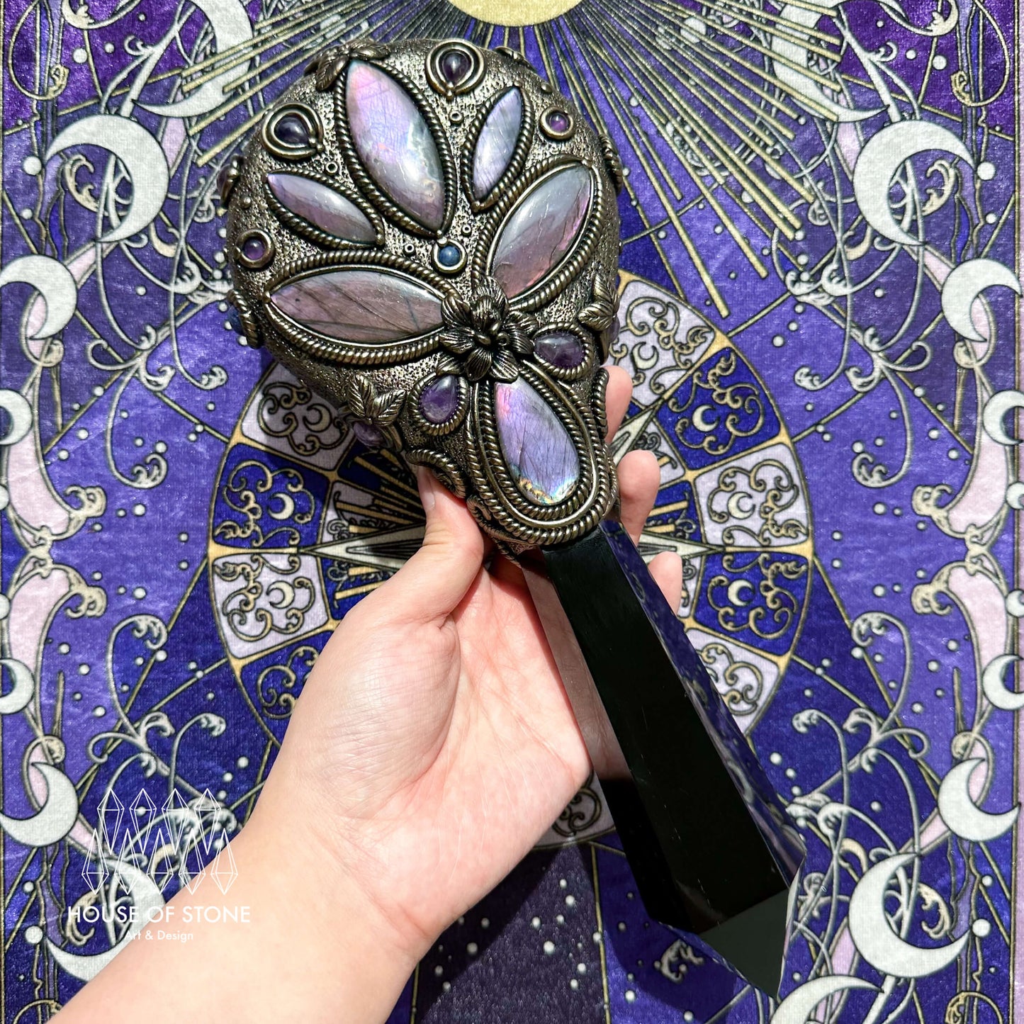 Handmade Natural Black Obsidian Mirror/Magic Obsidian Witch Wand/Crystal Quartz Wand/Scrying Mirror Wand/Root Chakra/Manifest Altar Tool