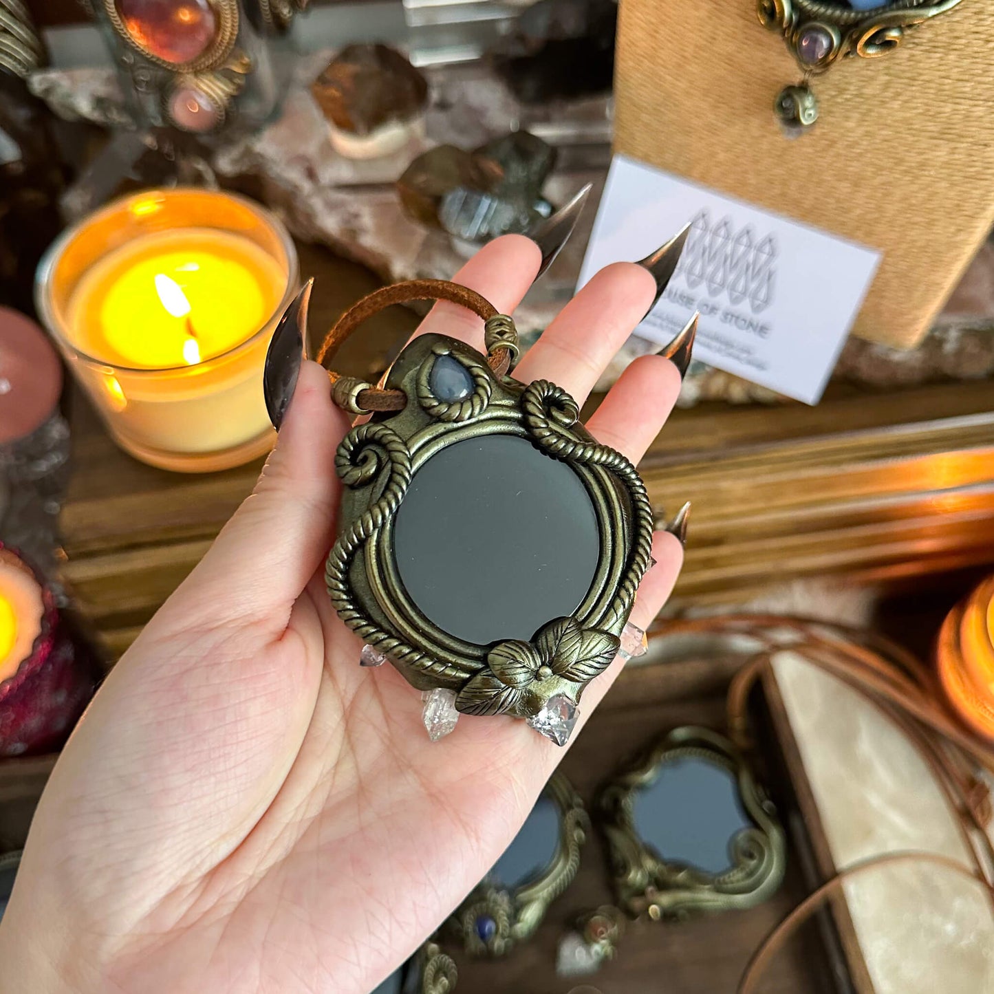 Handmade Natural Black Obsidian Pendant Necklace/Magic Obsidian Mirror Crystal Pendant/Scrying Mirror Talisman Protection Jewelry/Altar Tool
