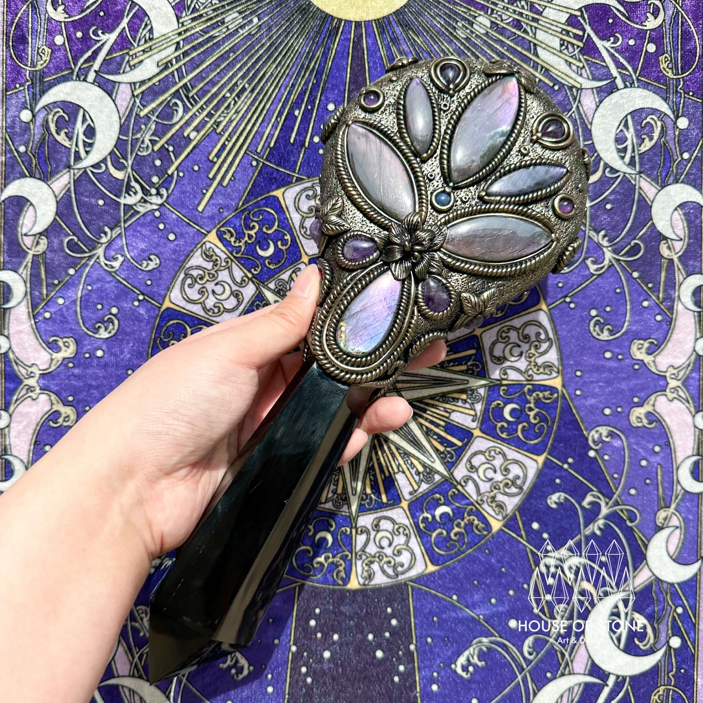 Handmade Natural Black Obsidian Mirror/Magic Obsidian Witch Wand/Crystal Quartz Wand/Scrying Mirror Wand/Root Chakra/Manifest Altar Tool