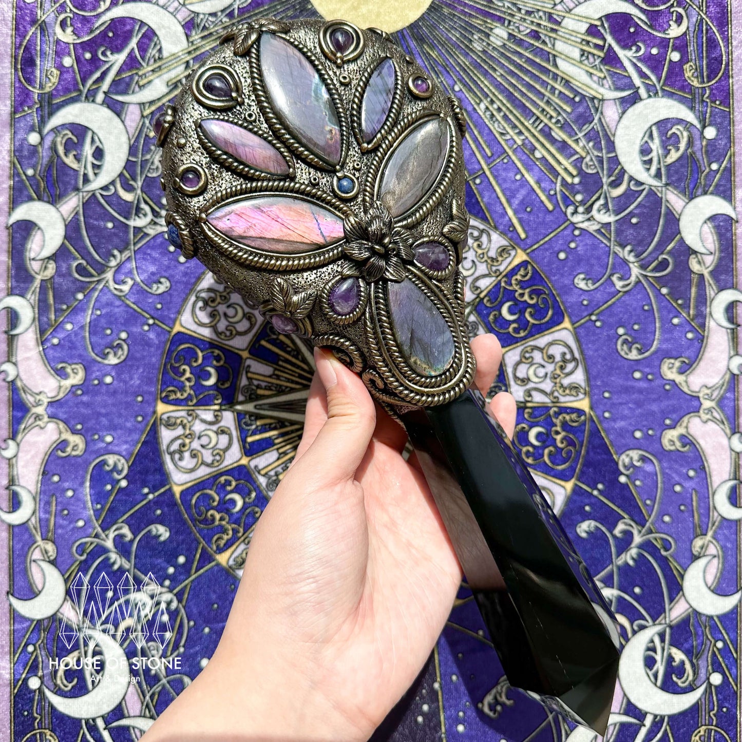 Handmade Natural Black Obsidian Mirror/Magic Obsidian Witch Wand/Crystal Quartz Wand/Scrying Mirror Wand/Root Chakra/Manifest Altar Tool