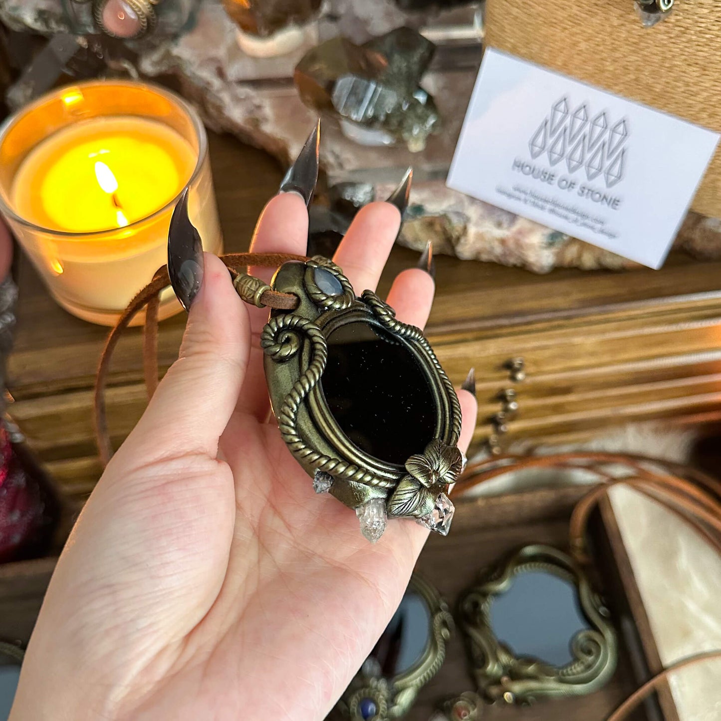 Handmade Natural Black Obsidian Pendant Necklace/Magic Obsidian Mirror Crystal Pendant/Scrying Mirror Talisman Protection Jewelry/Altar Tool
