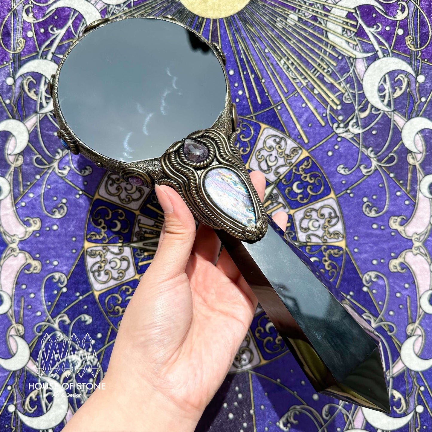 Handmade Natural Black Obsidian Mirror/Magic Obsidian Witch Wand/Crystal Quartz Wand/Scrying Mirror Wand/Root Chakra/Manifest Altar Tool