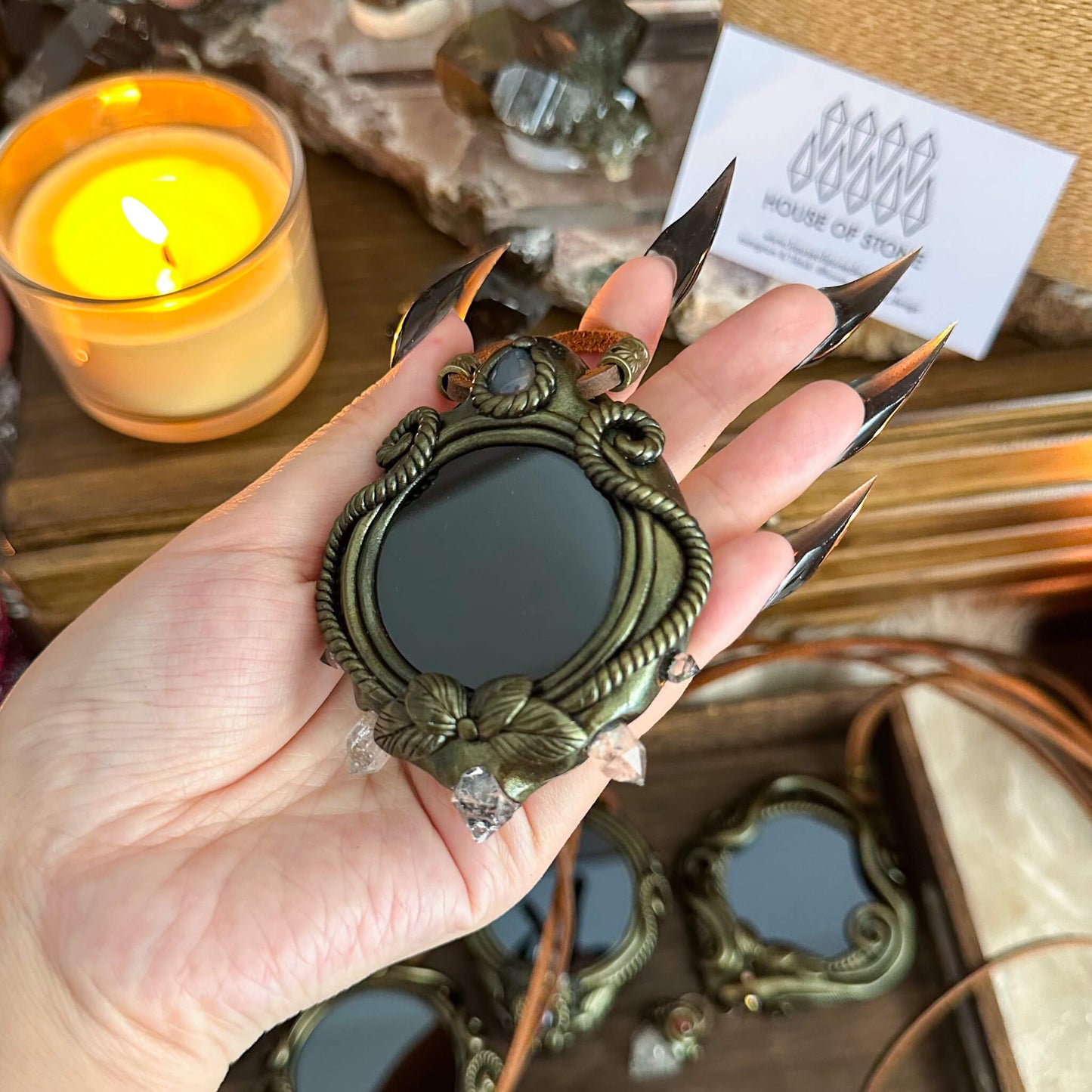 Handmade Natural Black Obsidian Pendant Necklace/Magic Obsidian Mirror Crystal Pendant/Scrying Mirror Talisman Protection Jewelry/Altar Tool